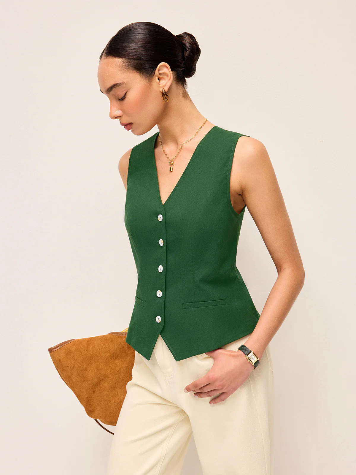 Cotton & Linen Asymmetric Button Vest With Back Bow - Image 4