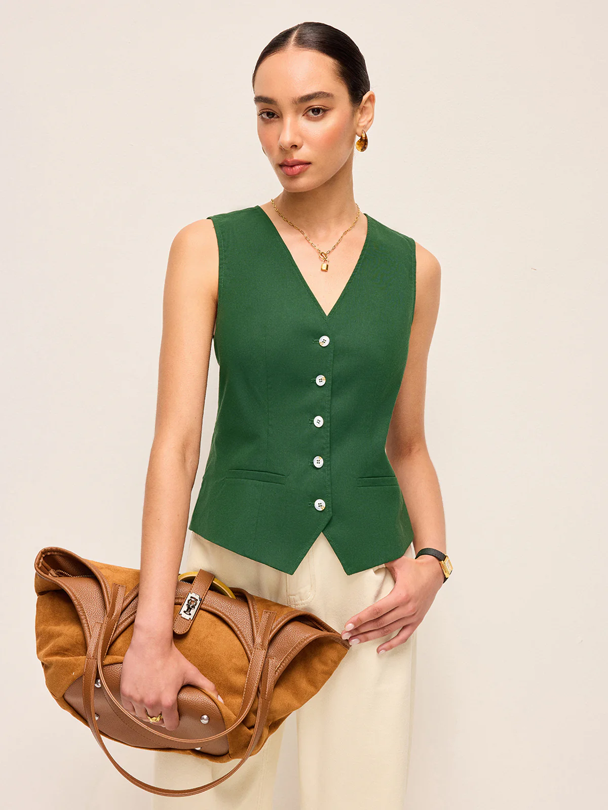 Cotton & Linen Asymmetric Button Vest With Back Bow - Image 5