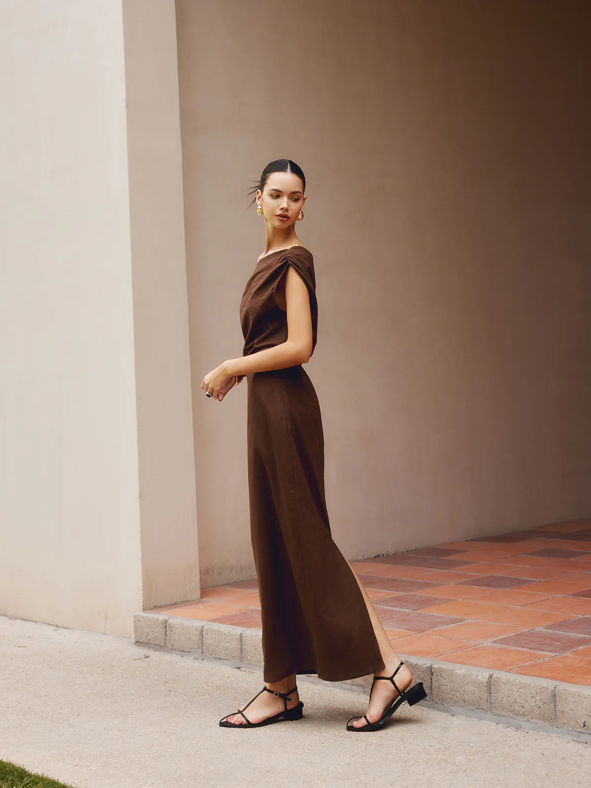 Cotton & Linen Asymmetrical Neck Dress - Image 5