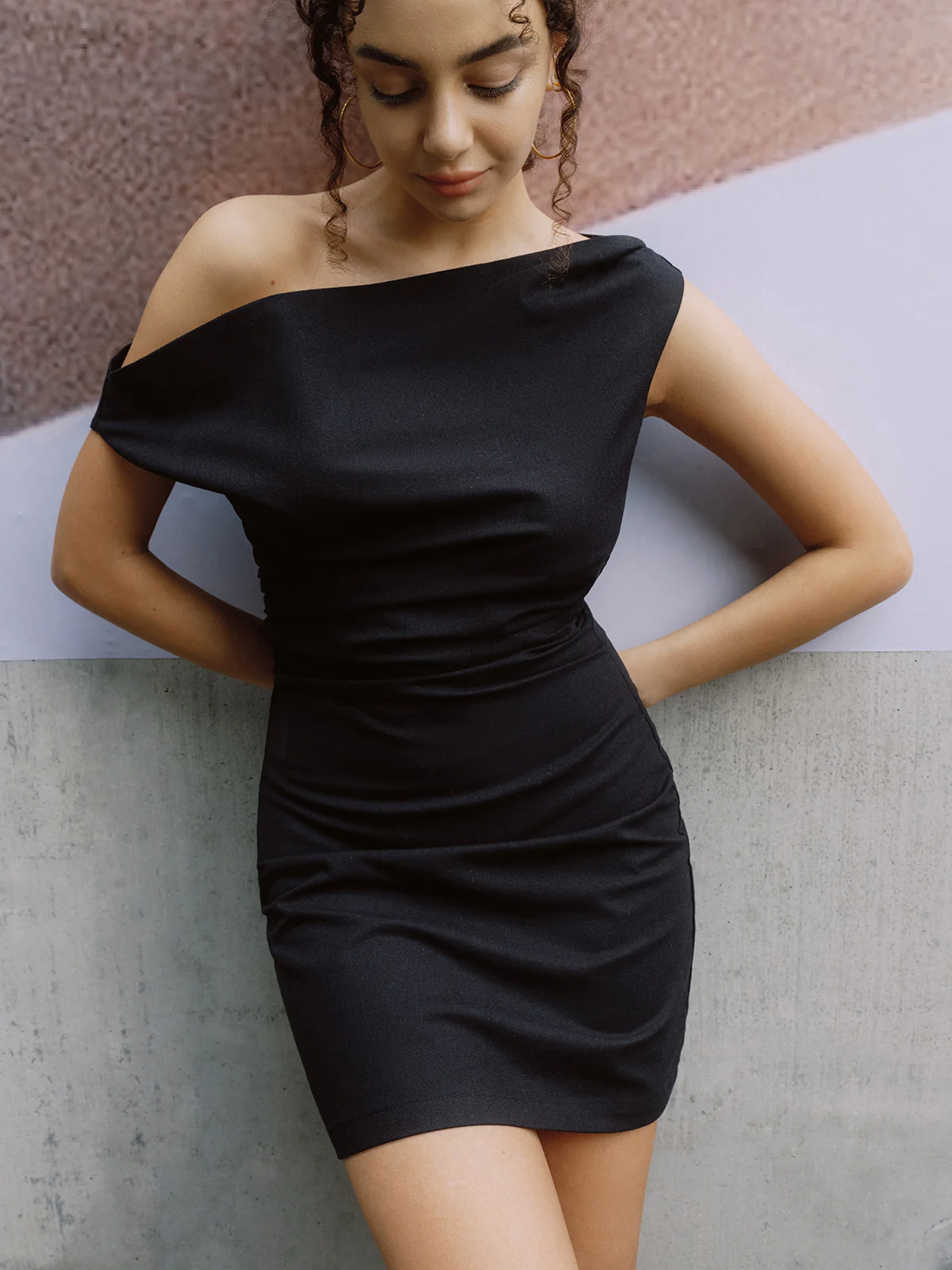 Cotton & Linen Asymmetrical Neck One Shoulder Off Short Dress - Image 2