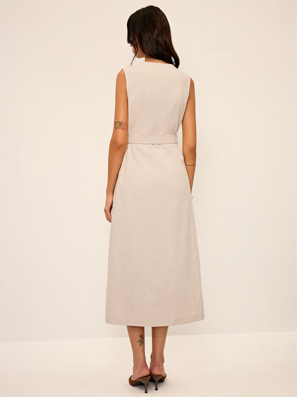 Cotton & Linen Blend V-Neck Belted Midi Dress - Image 6