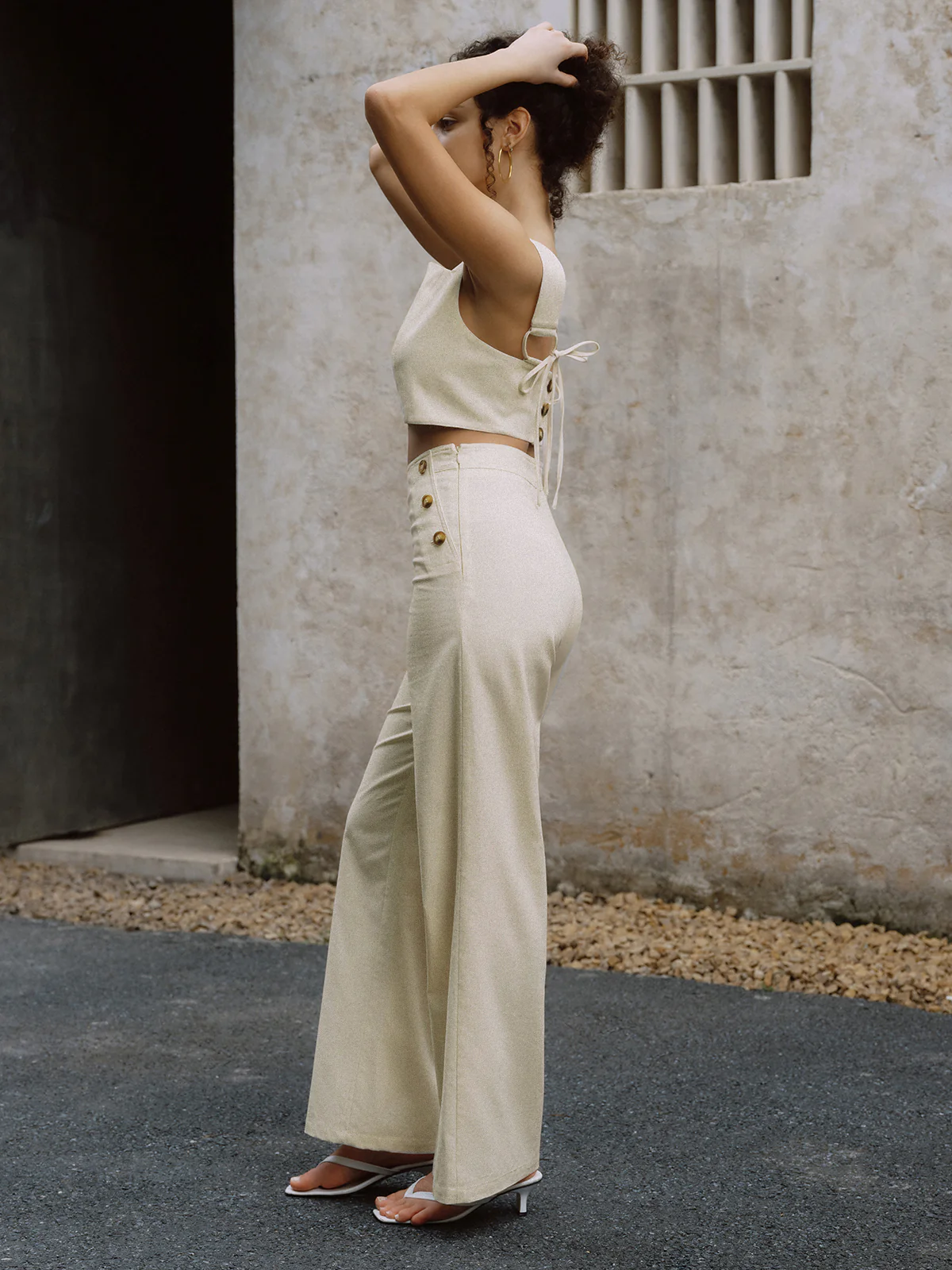 Cotton & Linen Button Decor Tank Top With Straight Leg Pants Set - Image 3