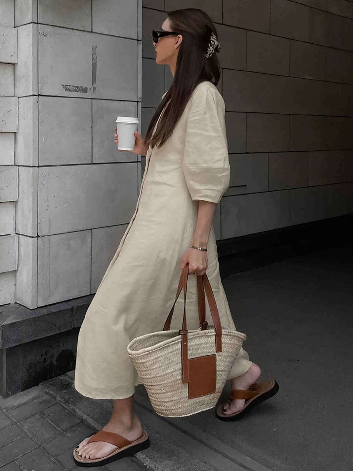 Cotton & Linen Button-Front Knotted Long Dress - Image 2
