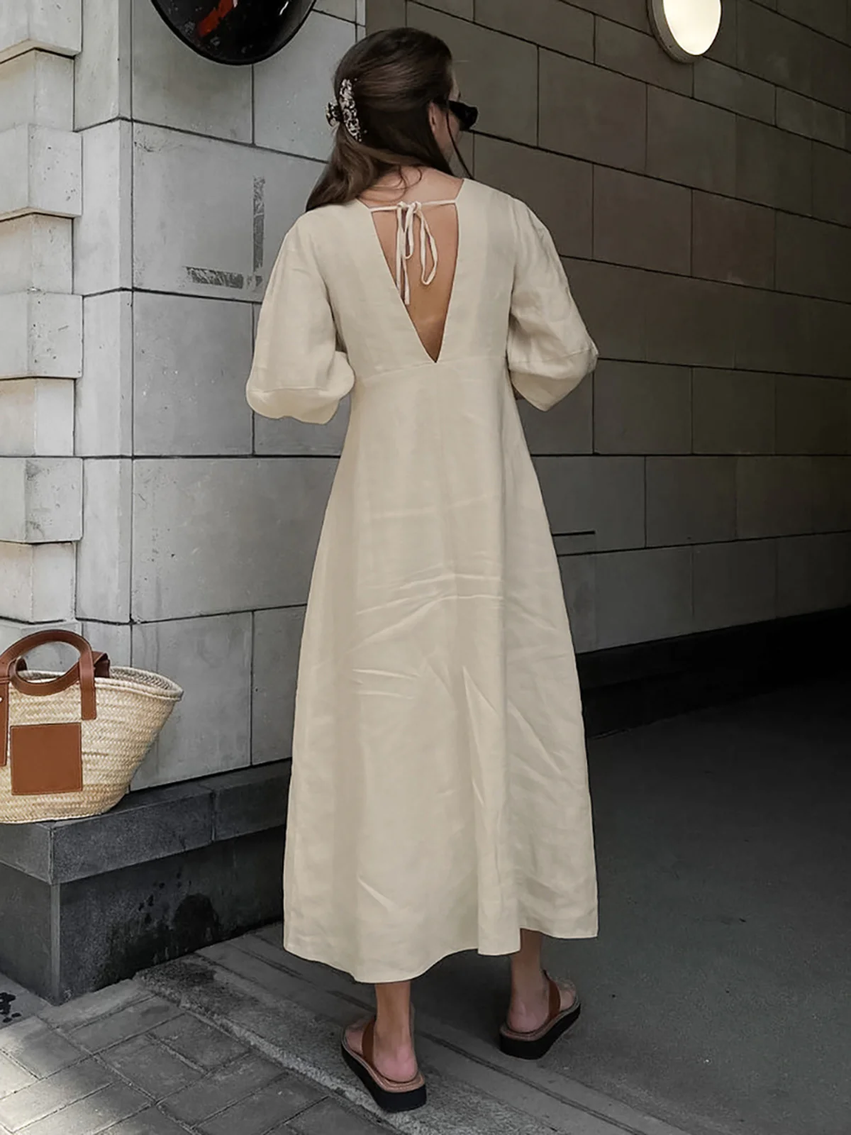 Cotton & Linen Button-Front Knotted Long Dress - Image 4