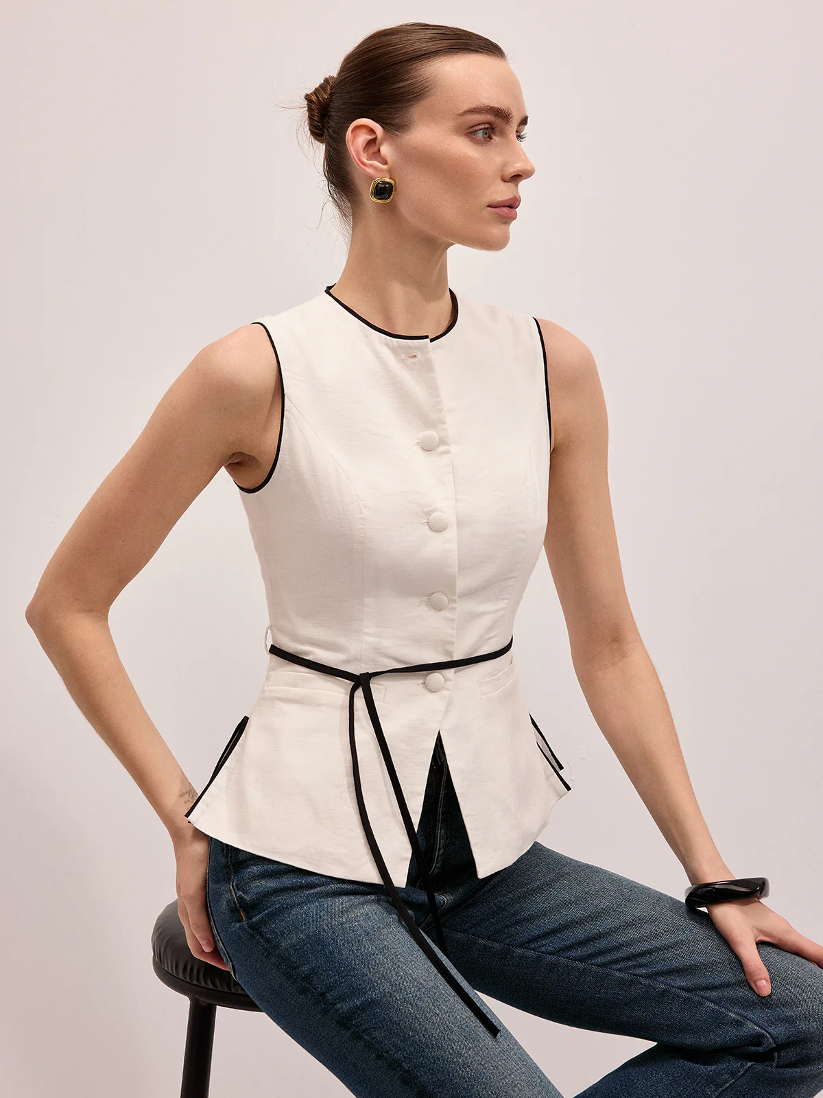 Cotton Linen Contrast Piping Top & Maxi Skirt Set - Image 2