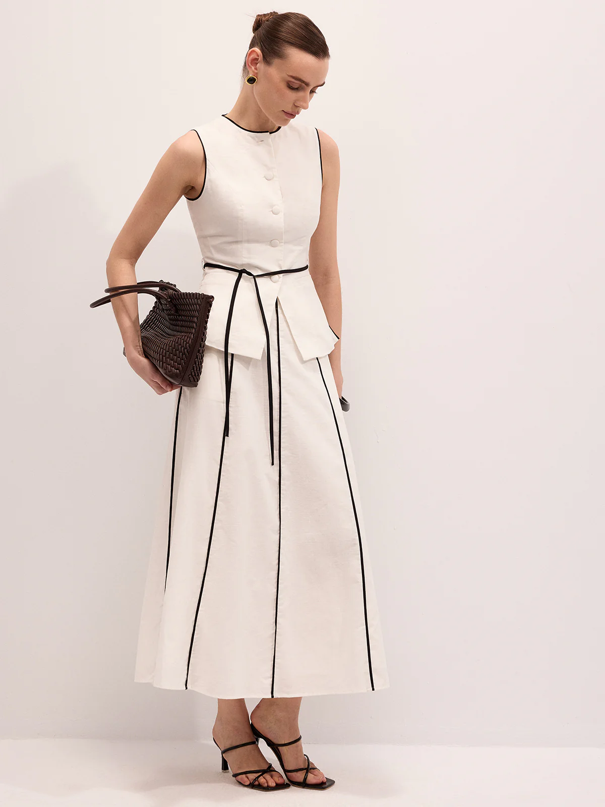 Cotton Linen Contrast Piping Top & Maxi Skirt Set - Image 4