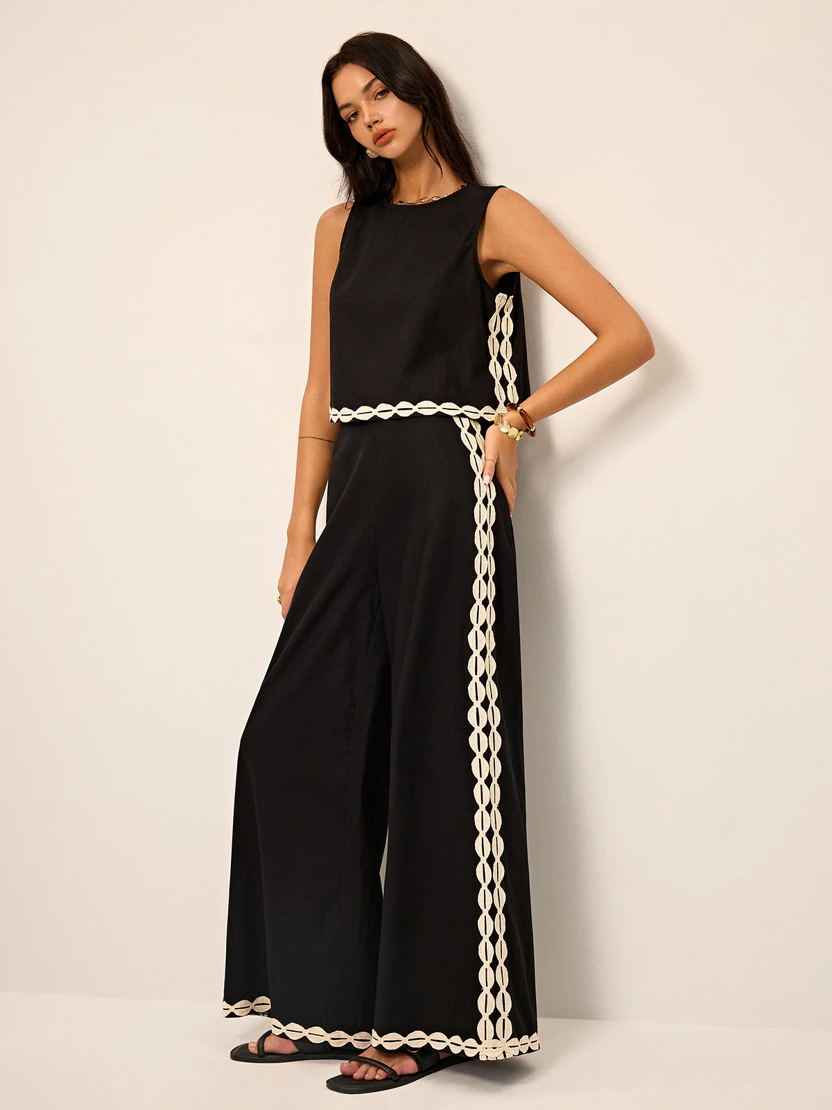 Cotton & Linen Contrast Trim Pants Set - Image 2