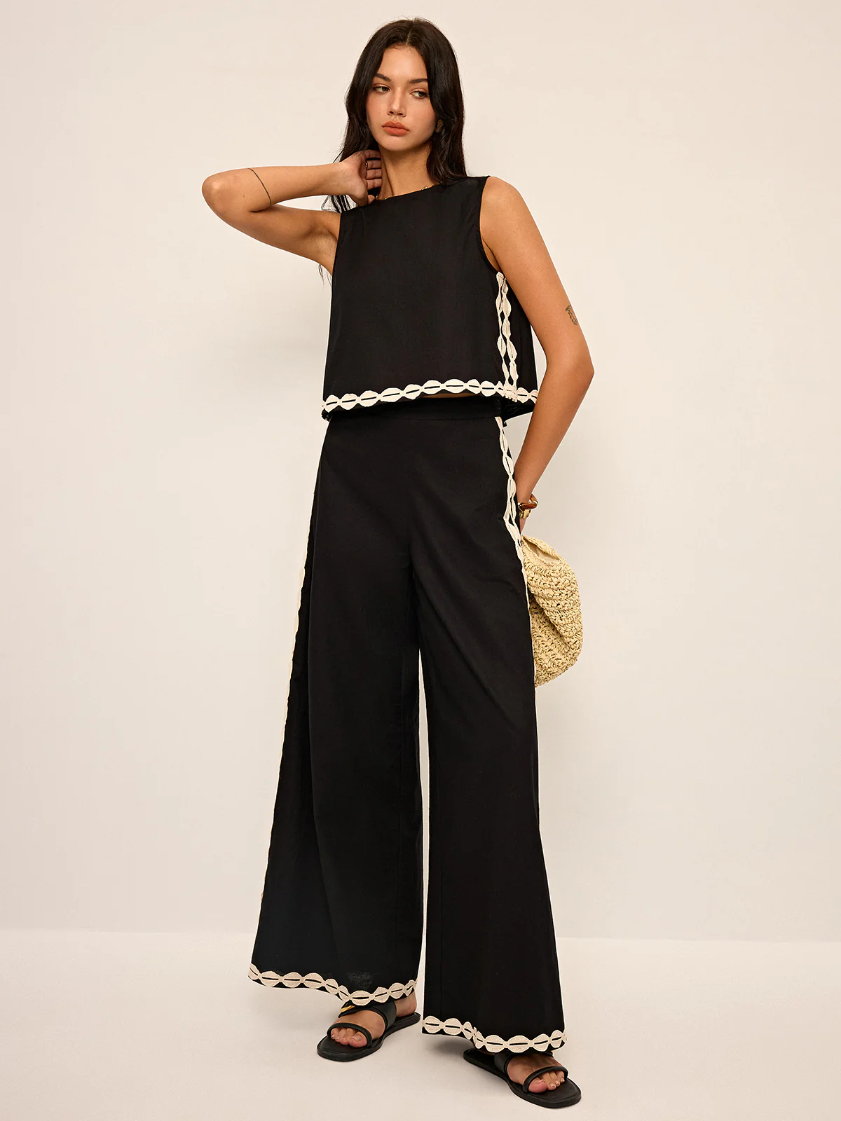 Cotton & Linen Contrast Trim Pants Set - Image 4