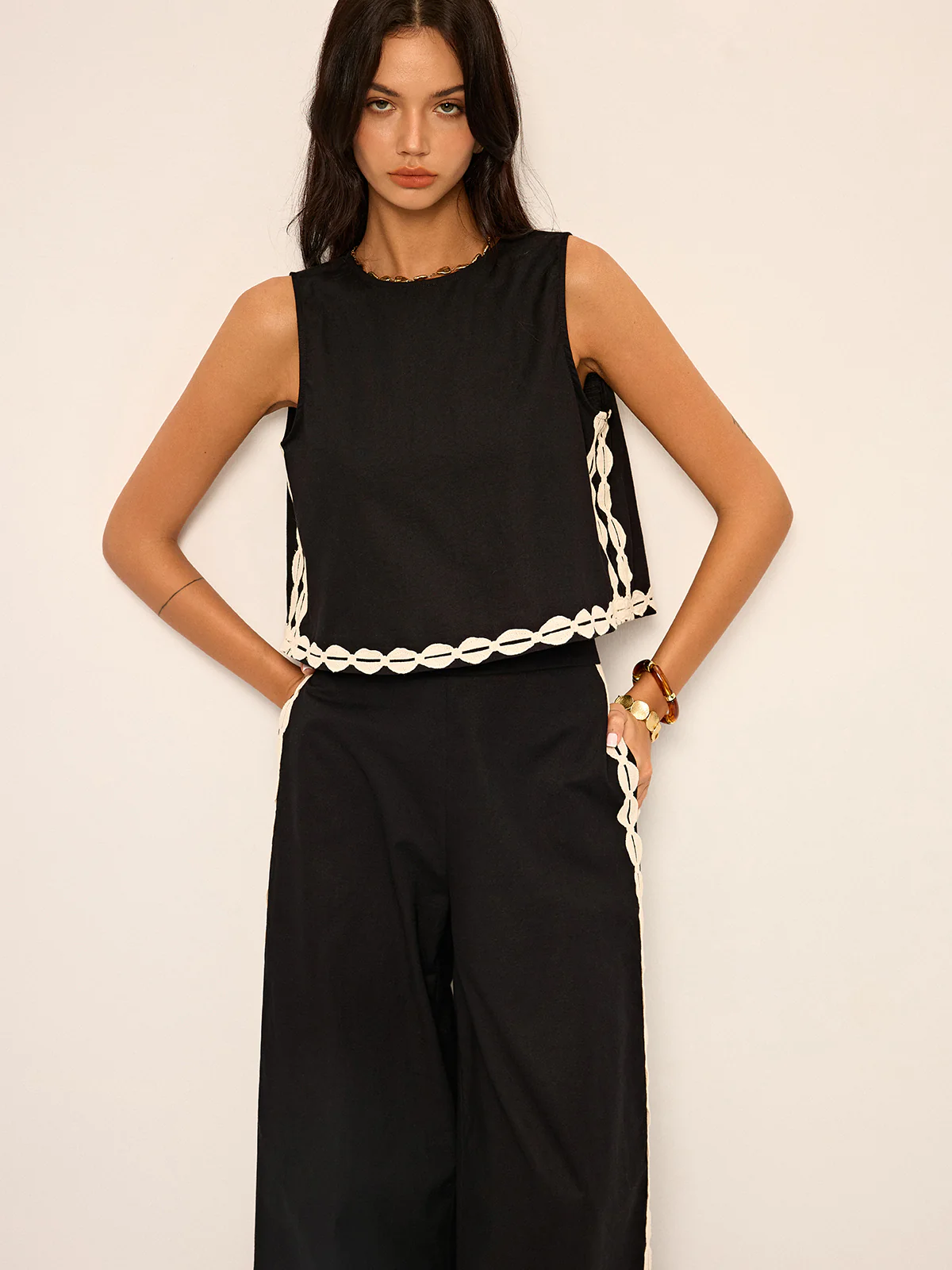 Cotton & Linen Contrast Trim Pants Set - Image 5