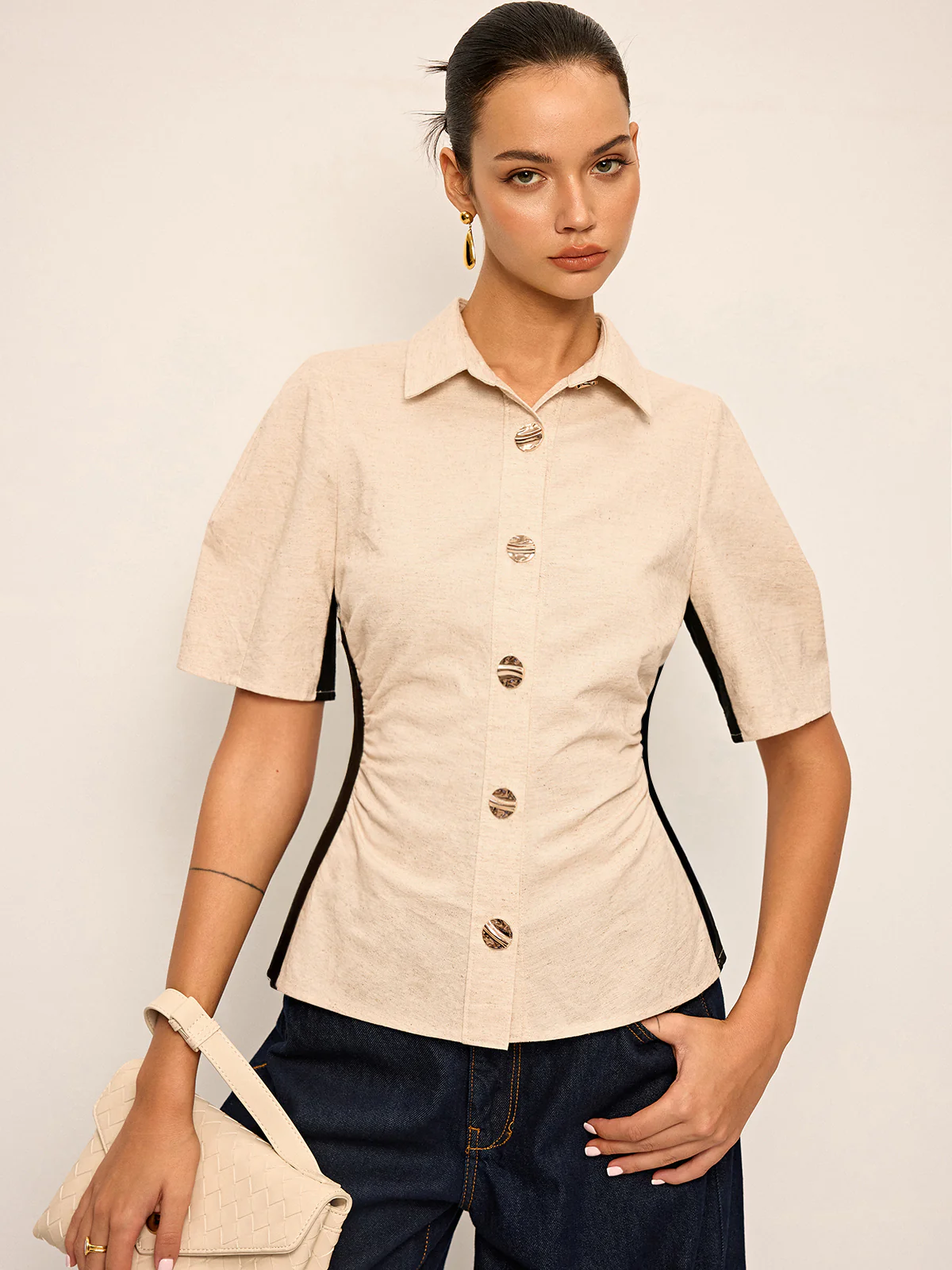 Cotton & Linen Contrast Trim Ruched Shirt - Image 2