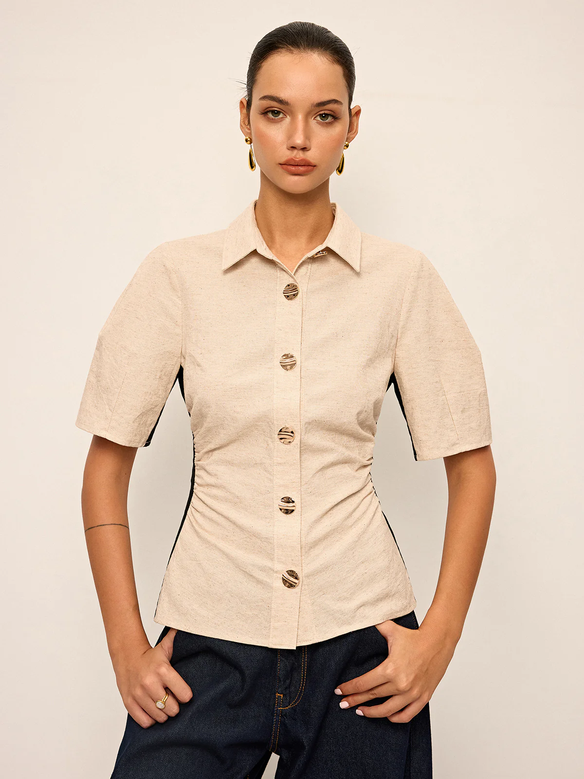Cotton & Linen Contrast Trim Ruched Shirt - Image 4