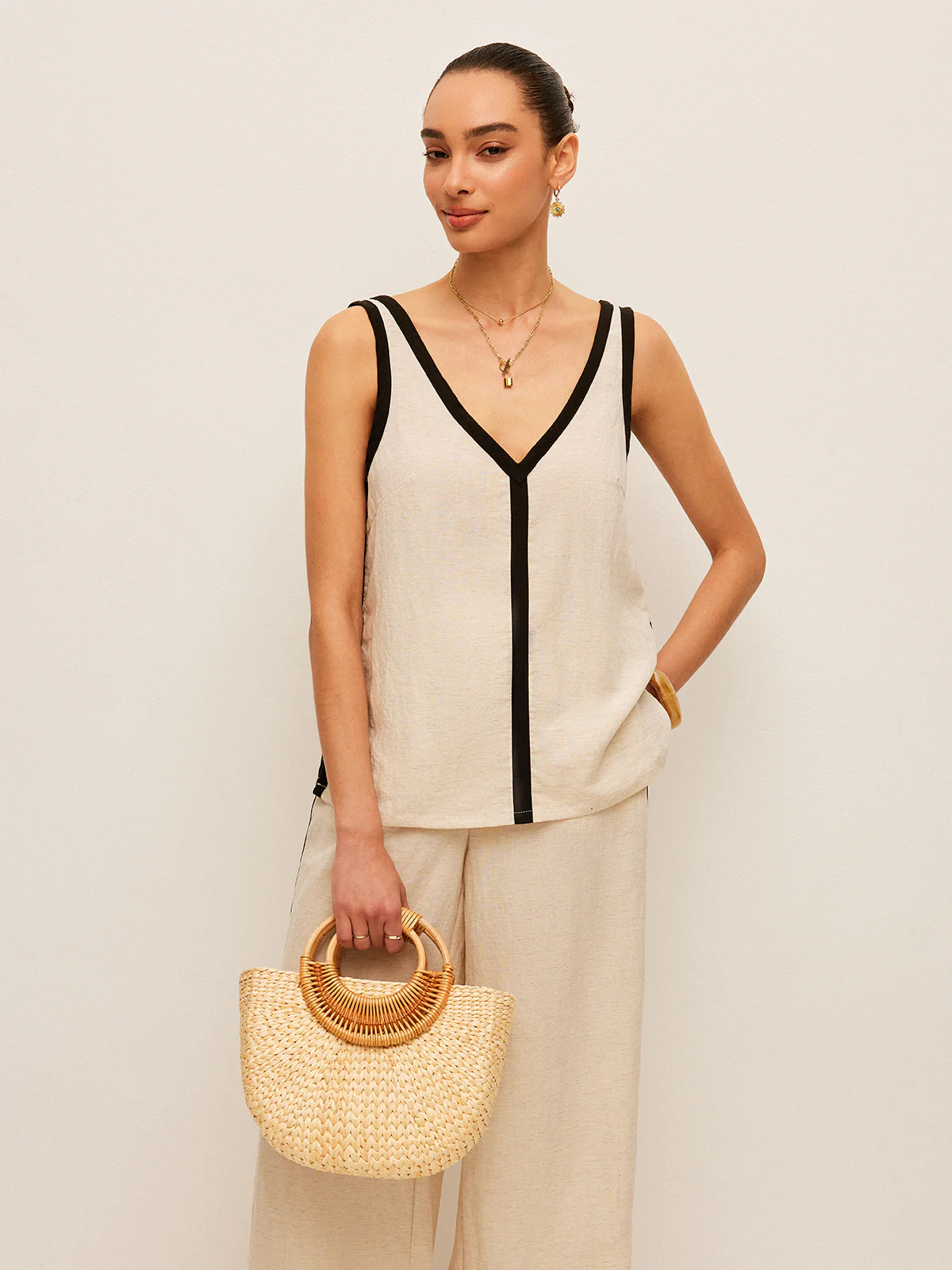 Cotton & Linen Contrast Trim V-Neck Pants Set - Image 5