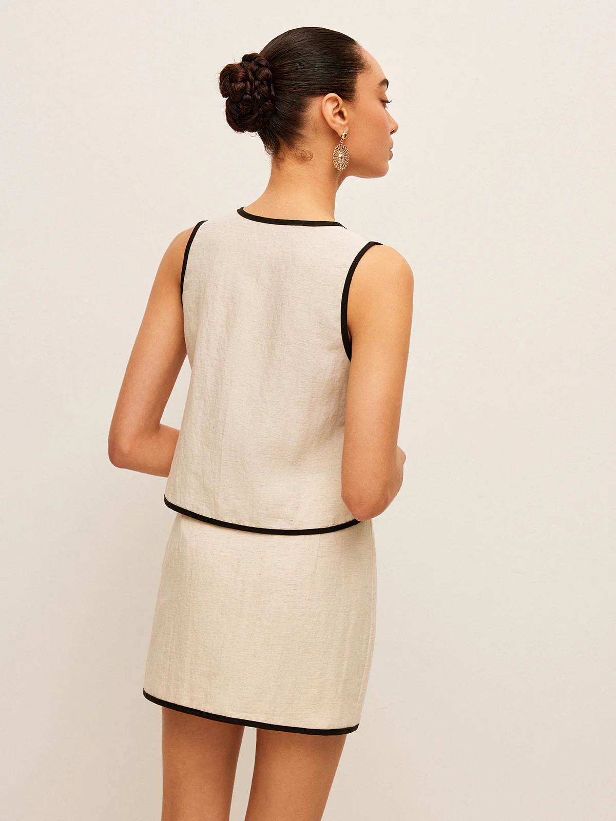 Cotton & Linen Contrast Trim V-Neck Skirt Set - Image 6