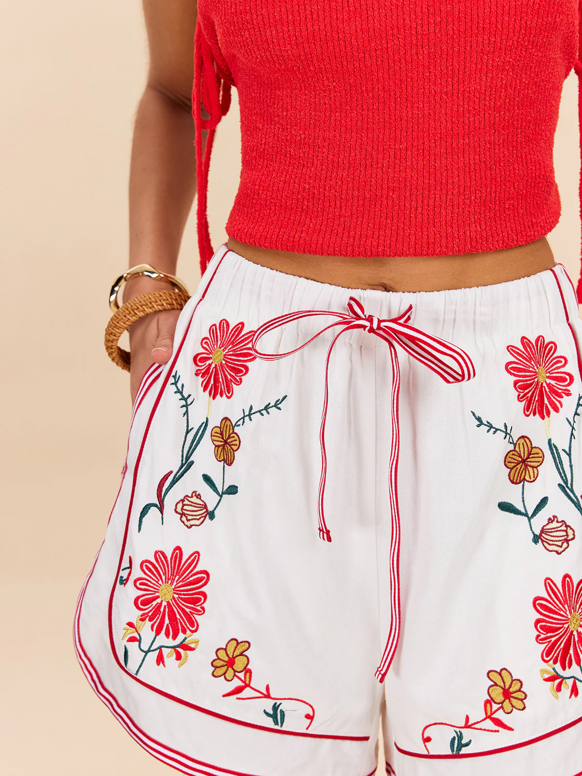 Cotton & Linen Floral Embroidered Shorts With Drawstring Waist - Image 5