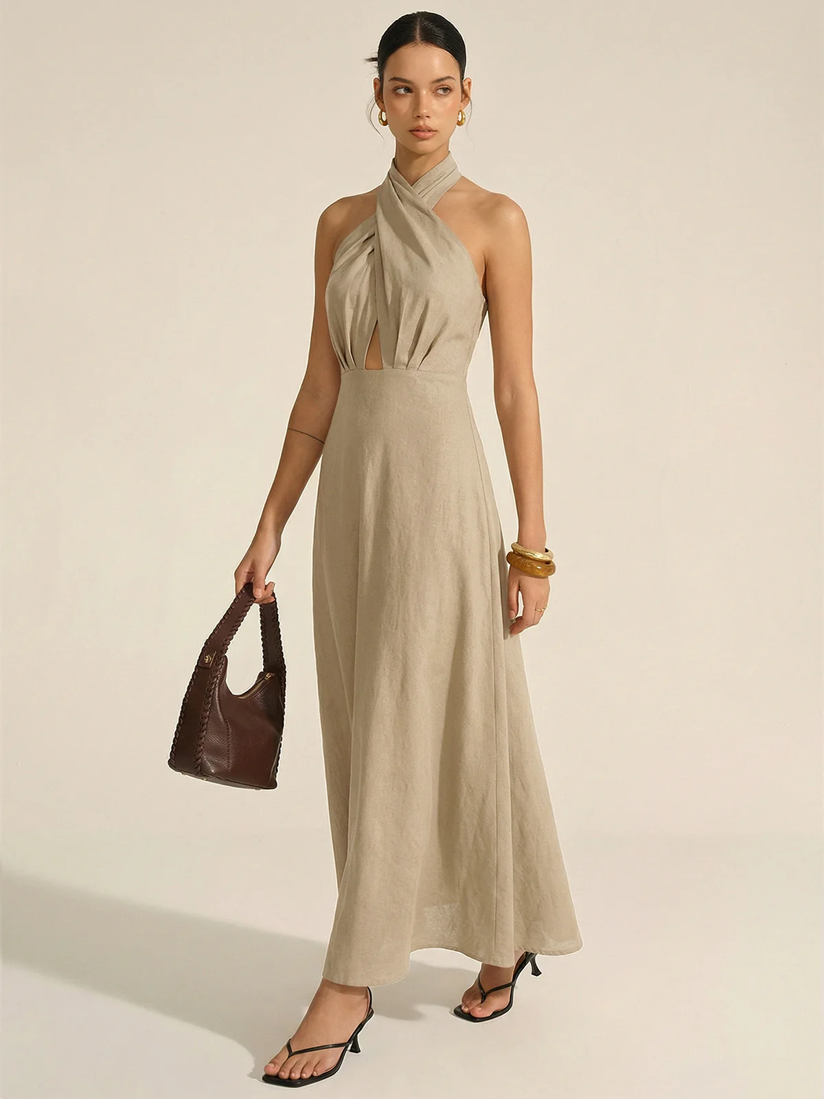 Cotton Linen Halter Neck Cut-Out Maxi Dress - Image 6