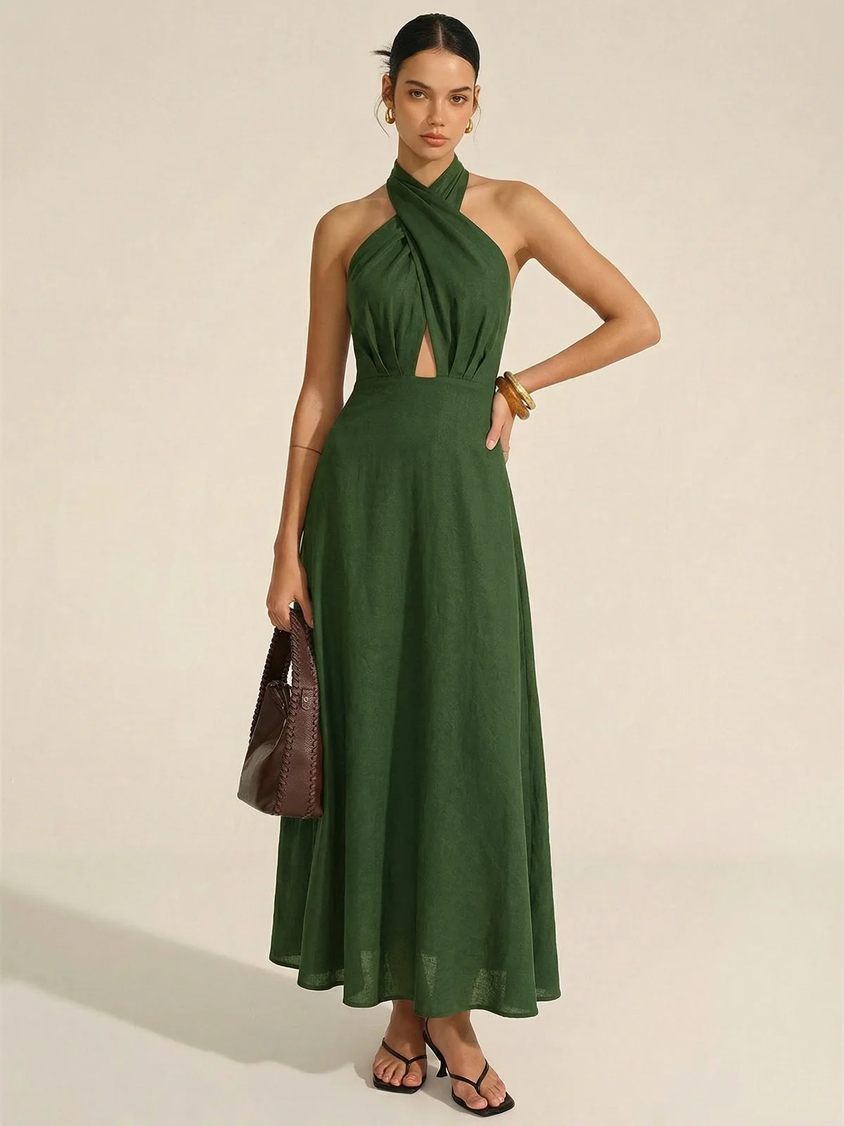 Cotton Linen Halter Neck Cut-Out Maxi Dress - Image 7