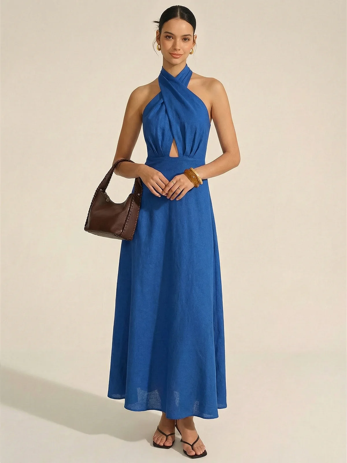Cotton Linen Halter Neck Cut-Out Maxi Dress - Image 8