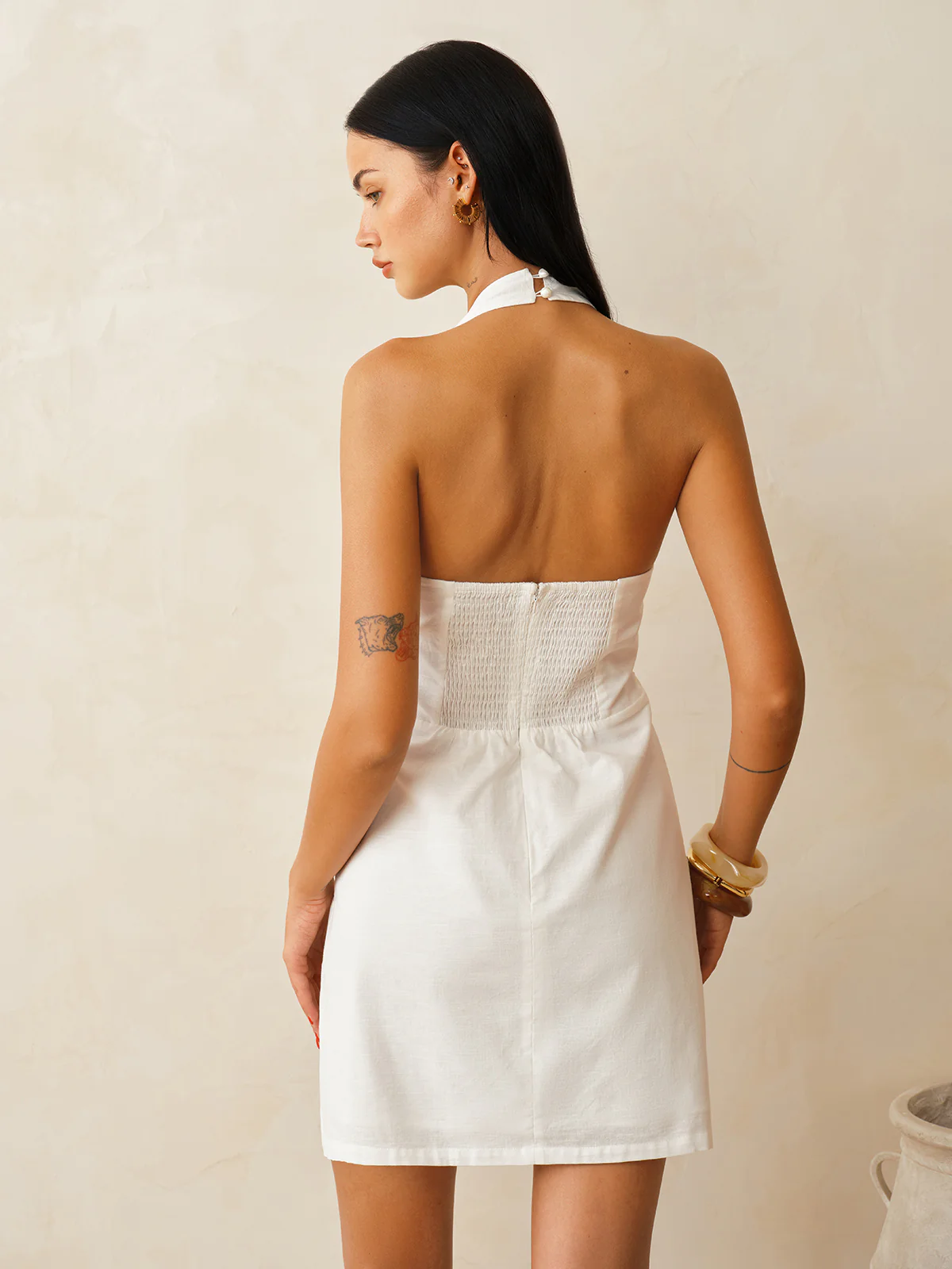 Cotton Linen Halter Shell Waist Mini Dress - Image 6