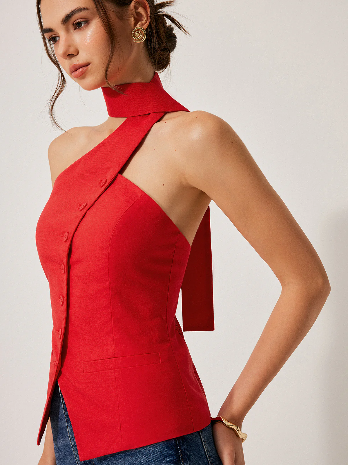 Cotton & Linen Halter Top With Decor Pockets - Image 3