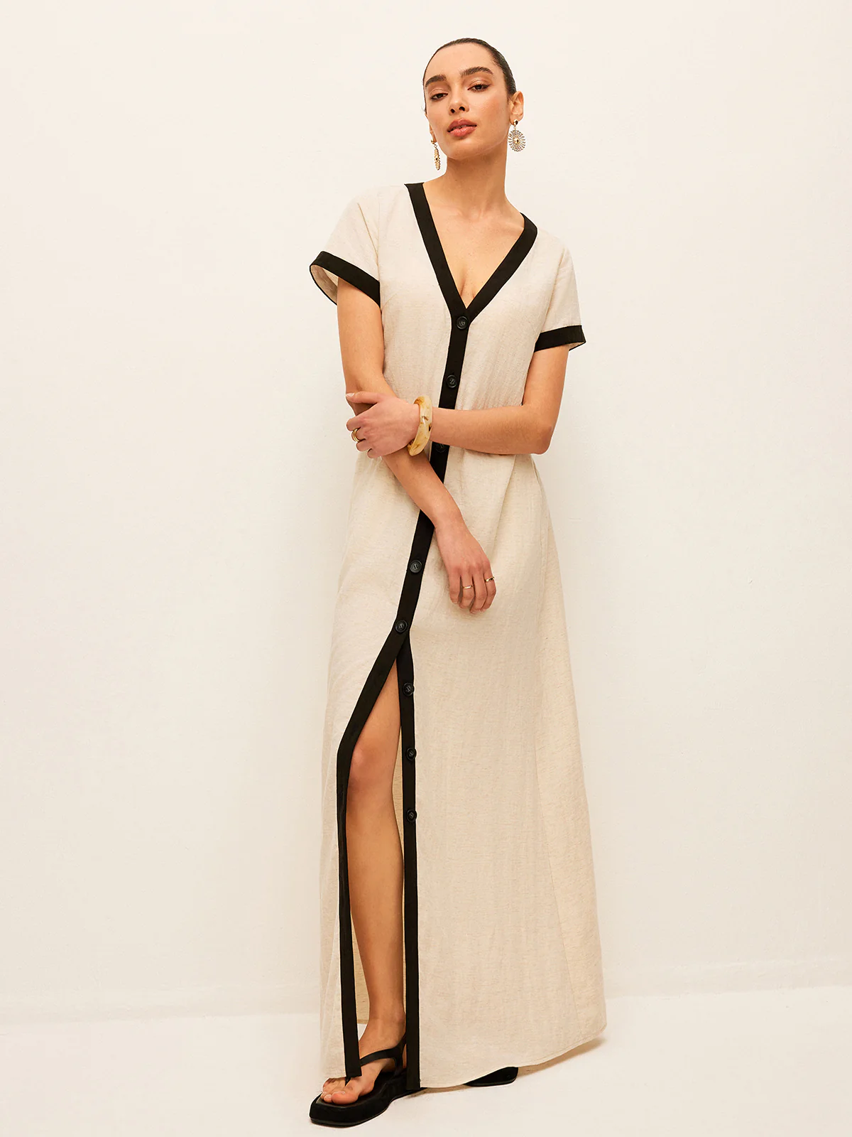 Cotton & Linen High-Slit Contrast Trim Dress - Image 3