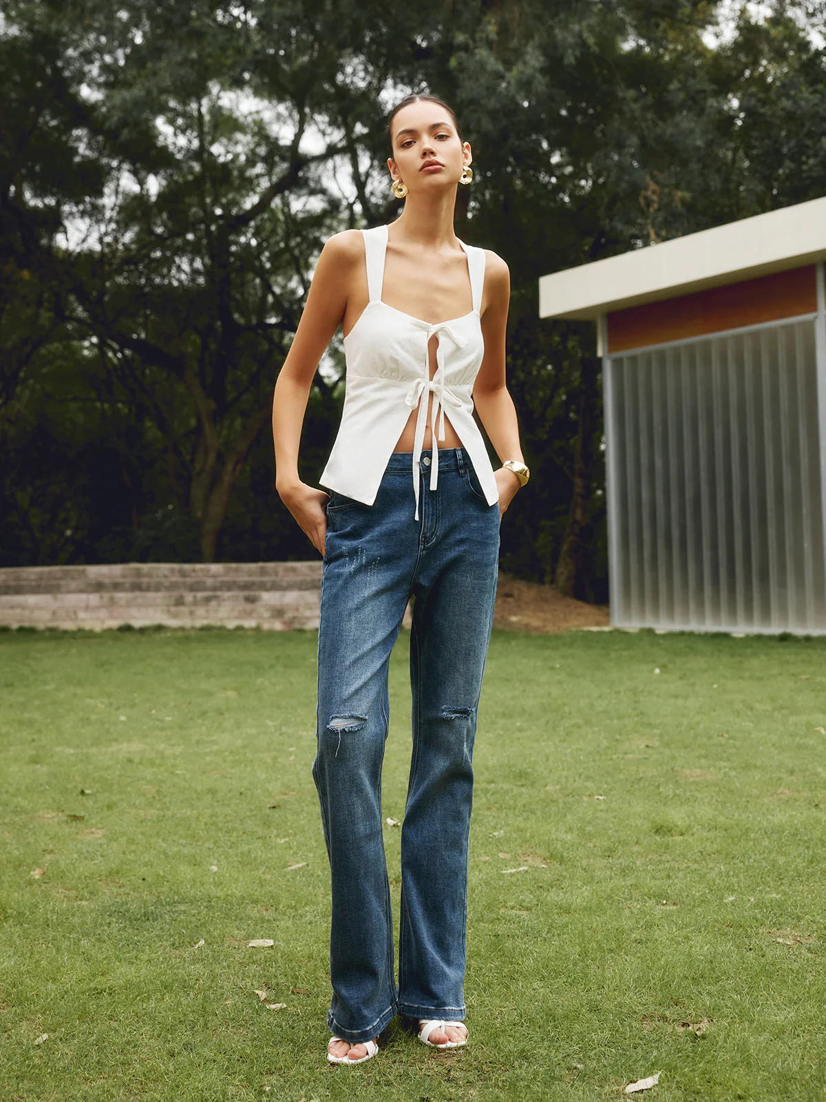 Cotton & Linen Knotted Bow Detail Strappy Top - Image 4