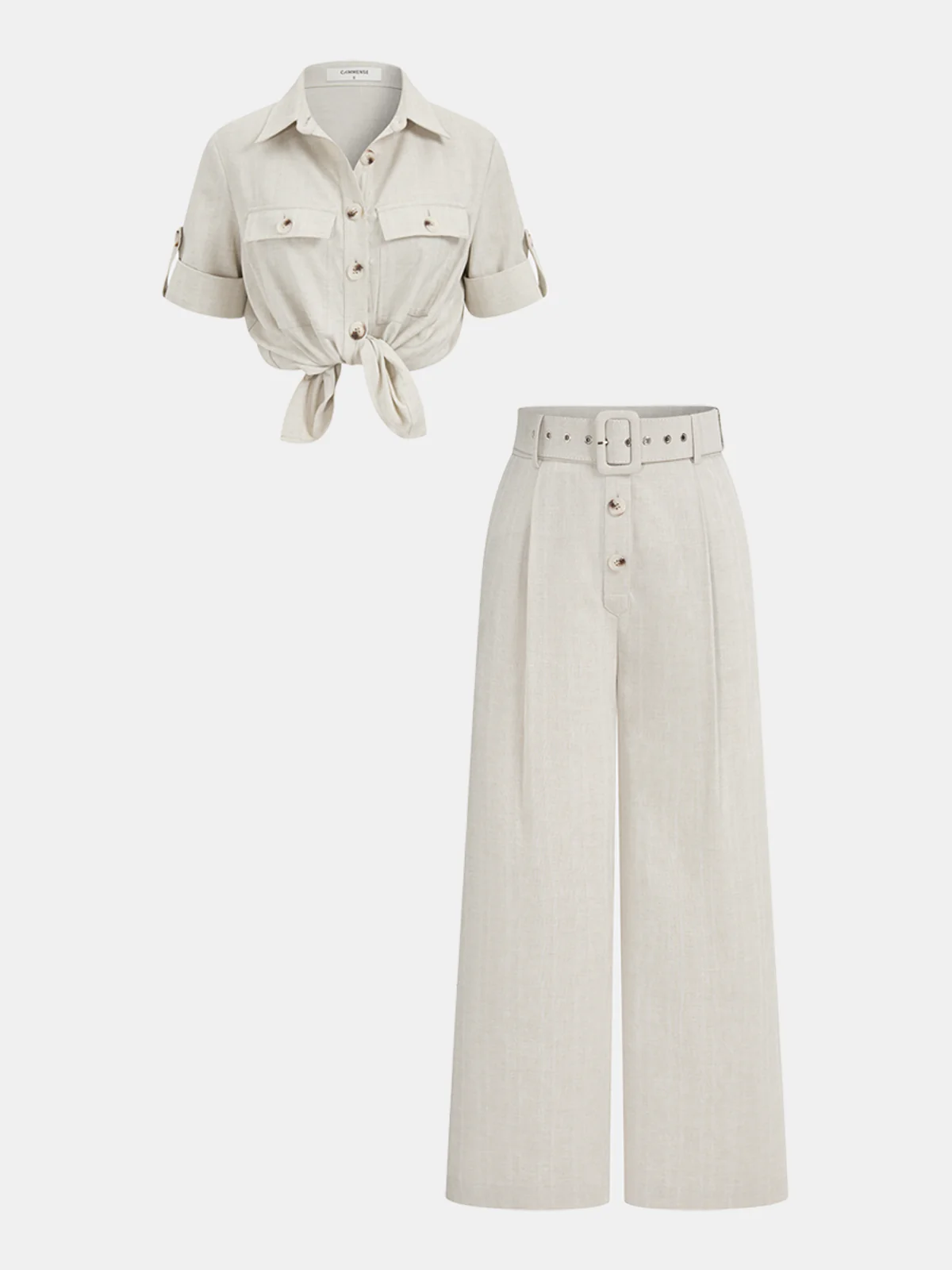 Cotton Linen Knotted Shirt & Belted Pants Set