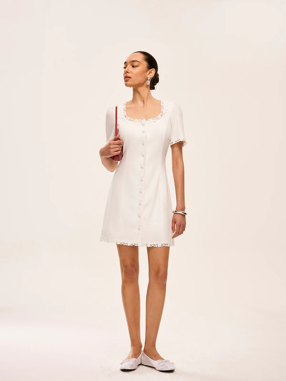 Cotton & Linen Lace-Trimmed Button-Detail Dress