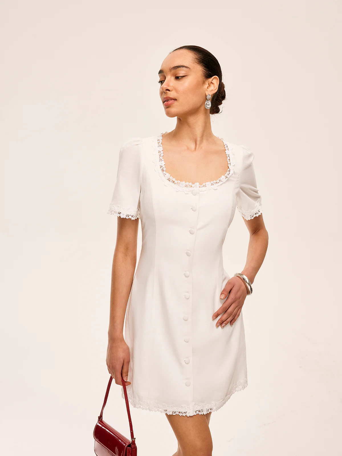 Cotton & Linen Lace-Trimmed Button-Detail Dress - Image 4