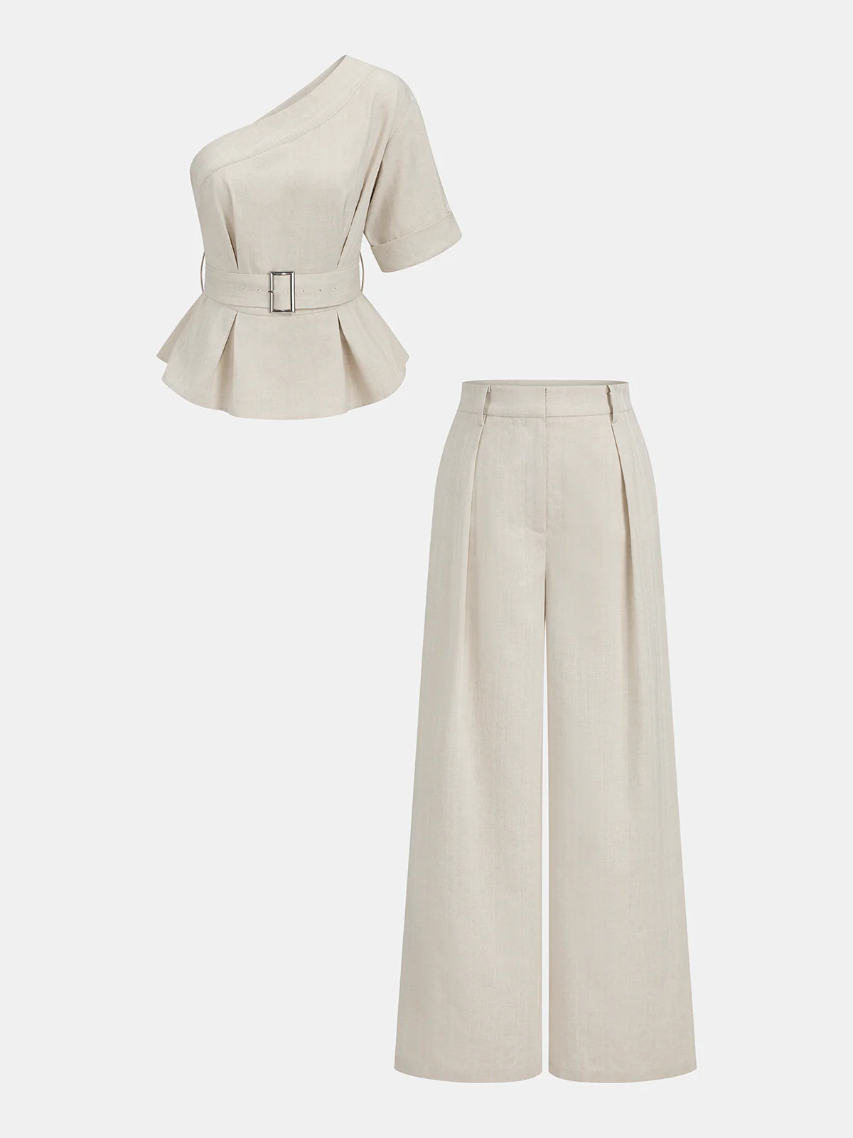 Cotton Linen One Shoulder Belted Top & Pants Set - Image 2