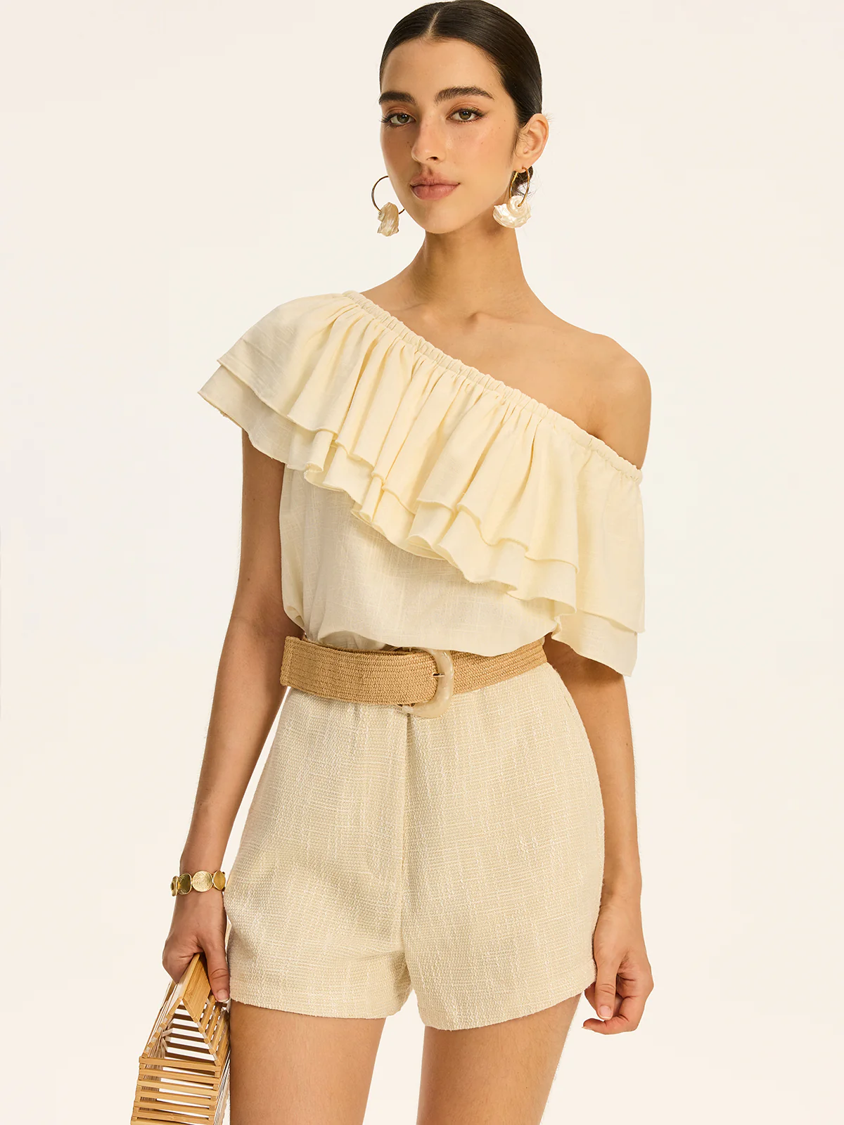 Cotton & Linen One-Shoulder Ruffled Top - Image 3