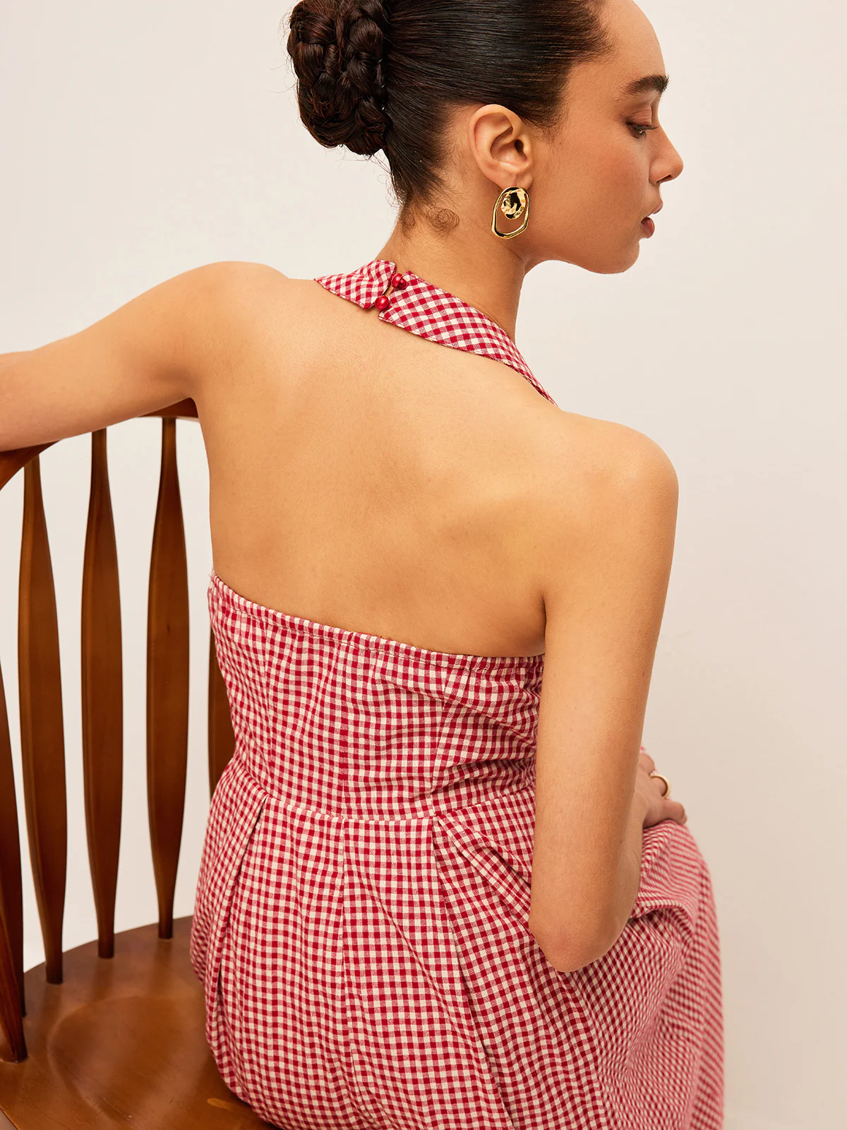 Cotton & Linen Plaid Halter Dress - Image 6