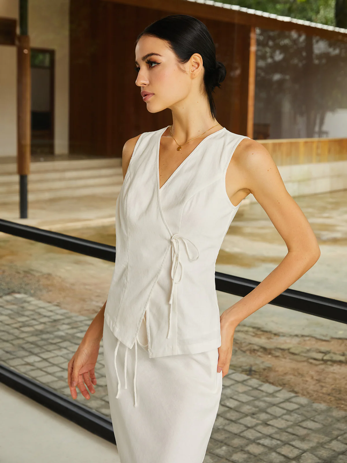 Cotton & Linen Plain Sleeveless Skirt Set - Image 5