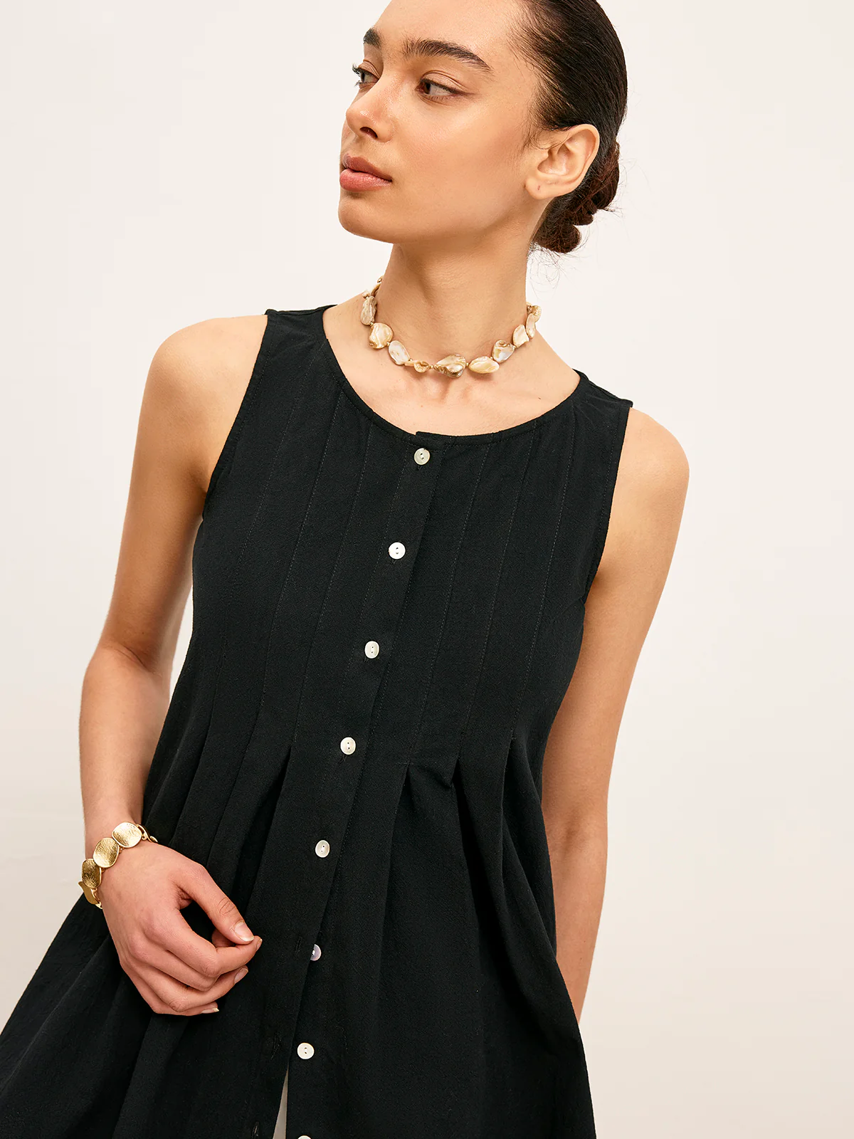 Cotton & Linen Pleated Button-Up Top - Image 3