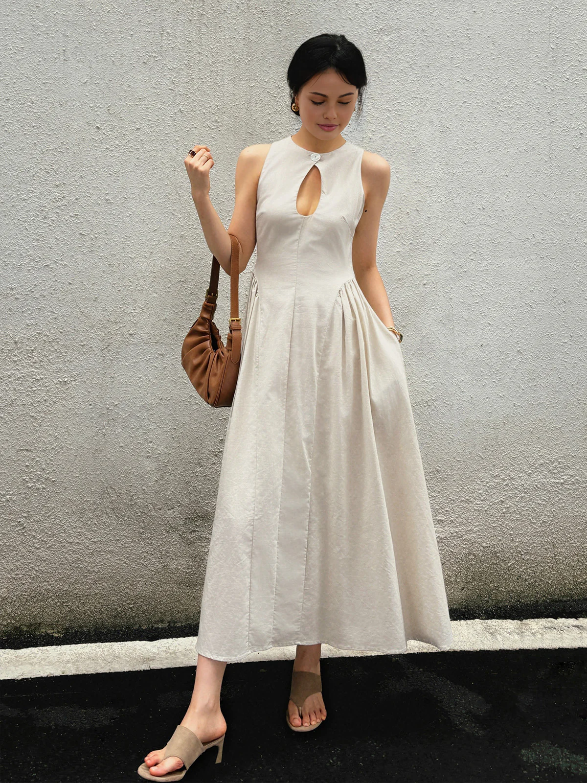 Cotton & Linen Pleated Cutout Long Dress - Image 3