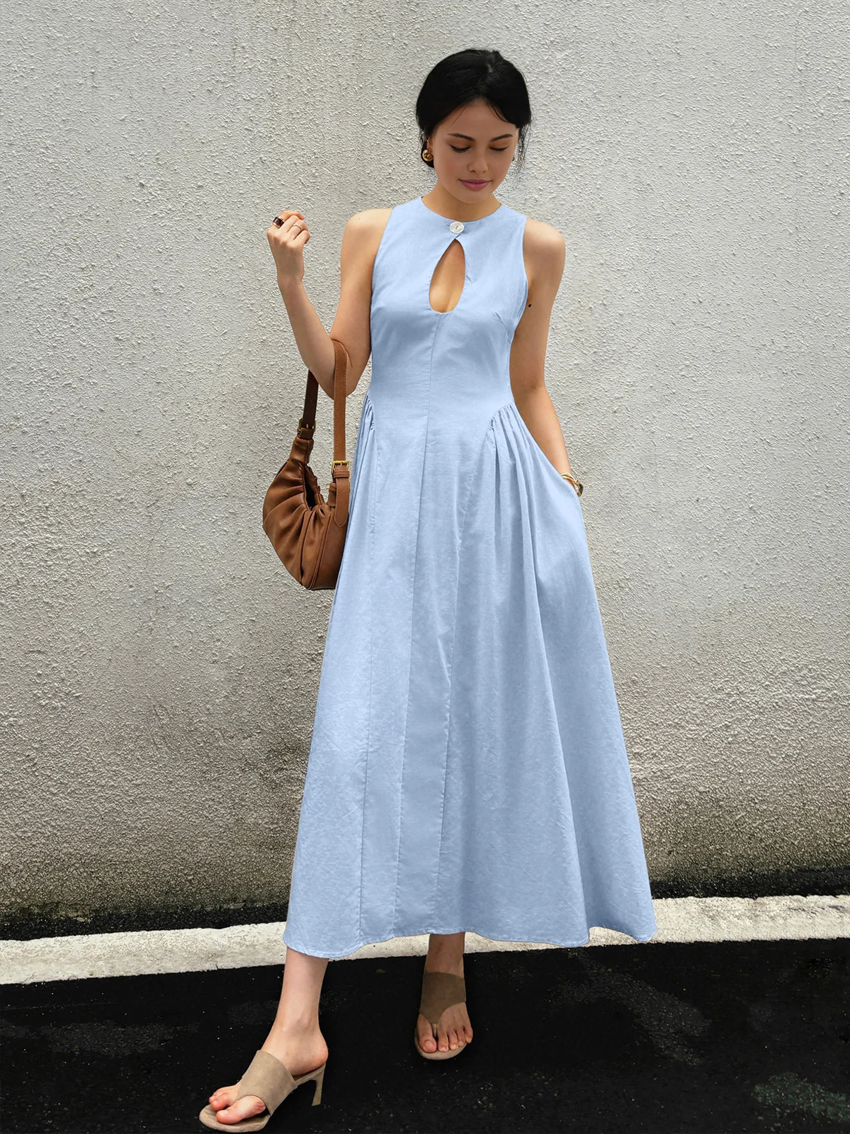Cotton & Linen Pleated Cutout Long Dress - Image 7