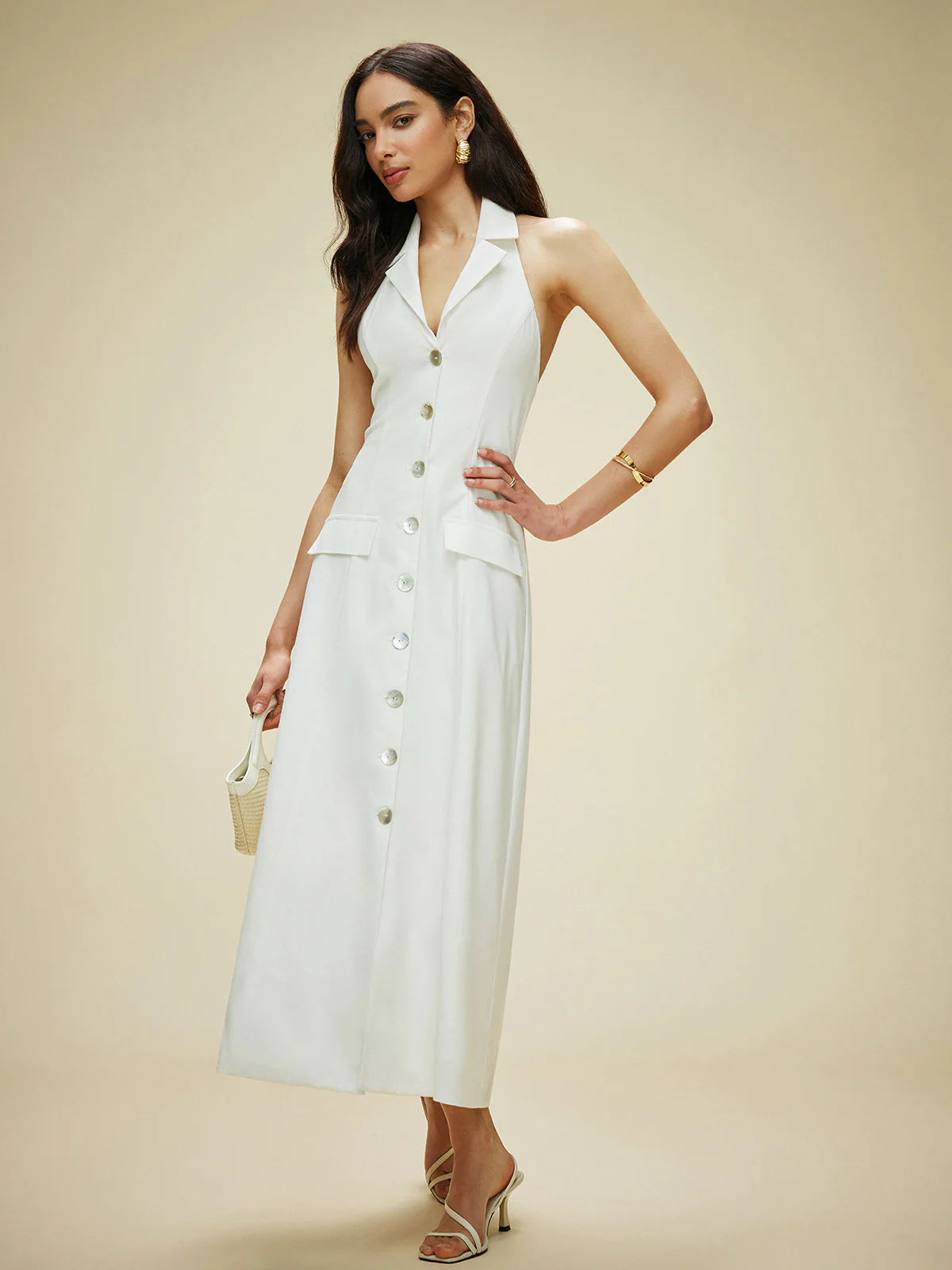Cotton & Linen Pocket-Detail Halter Neck Tie-Back Dress - Image 2