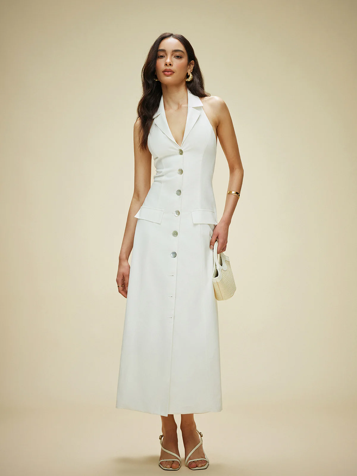 Cotton & Linen Pocket-Detail Halter Neck Tie-Back Dress - Image 4