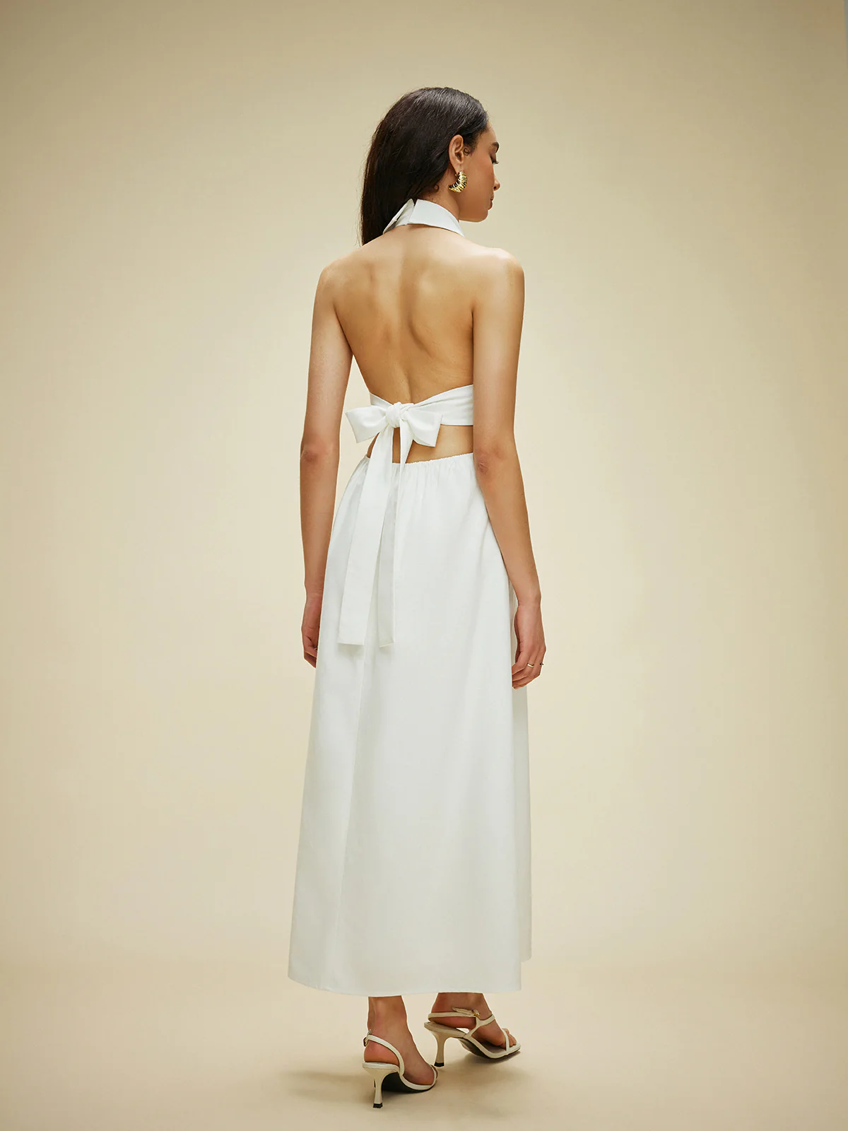 Cotton & Linen Pocket-Detail Halter Neck Tie-Back Dress - Image 7