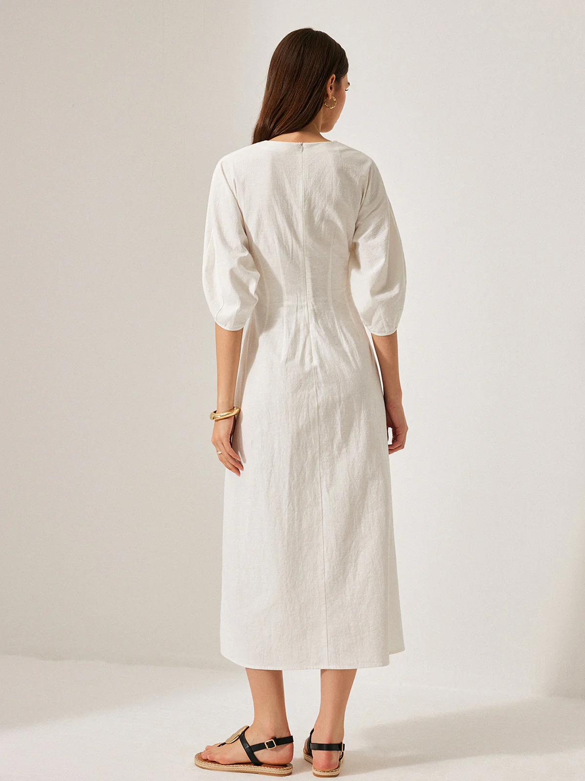 Cotton & Linen Puff Sleeve Dress Without Belt - Image 2