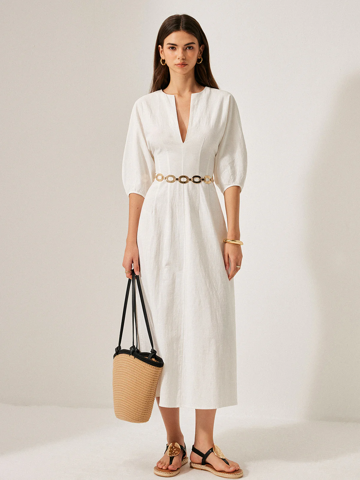 Cotton & Linen Puff Sleeve Dress Without Belt - Image 3