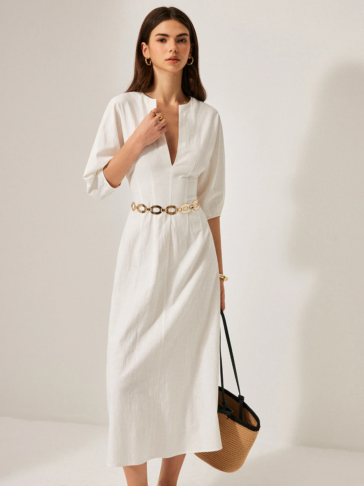 Cotton & Linen Puff Sleeve Dress Without Belt - Image 4