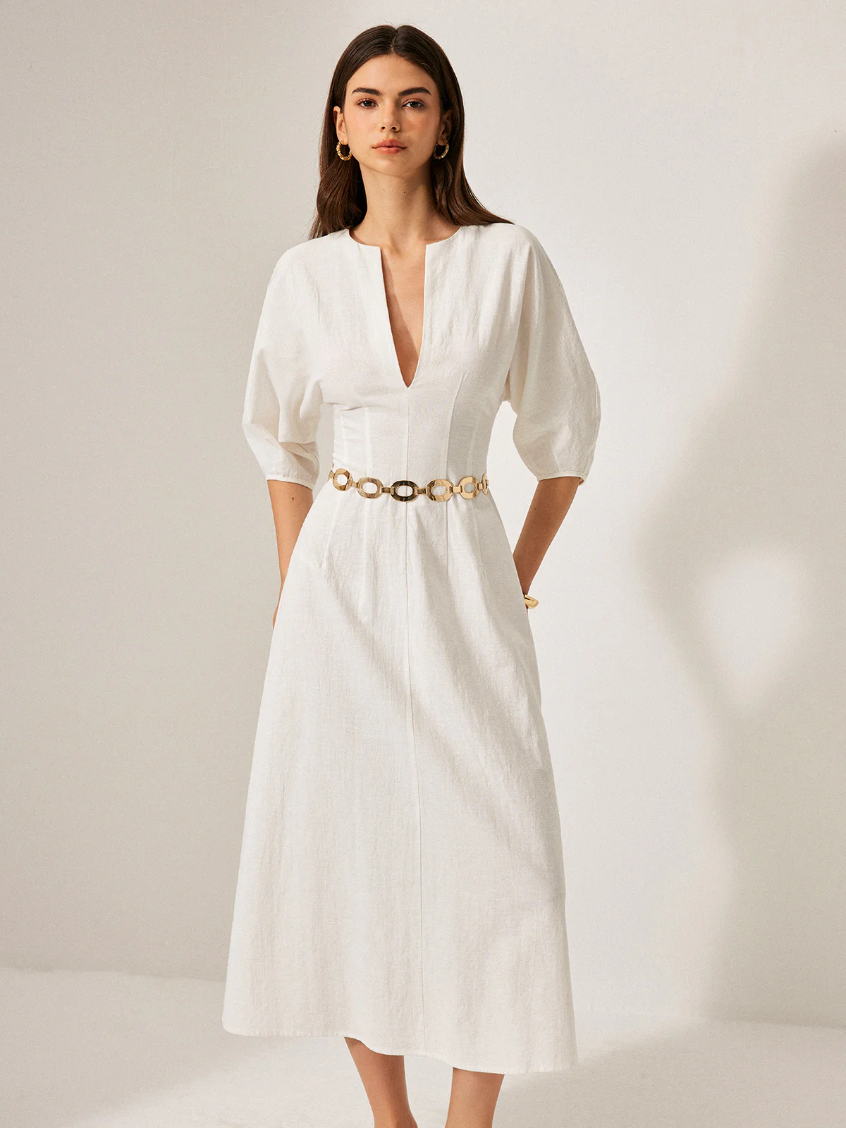 Cotton & Linen Puff Sleeve Dress Without Belt - Image 5