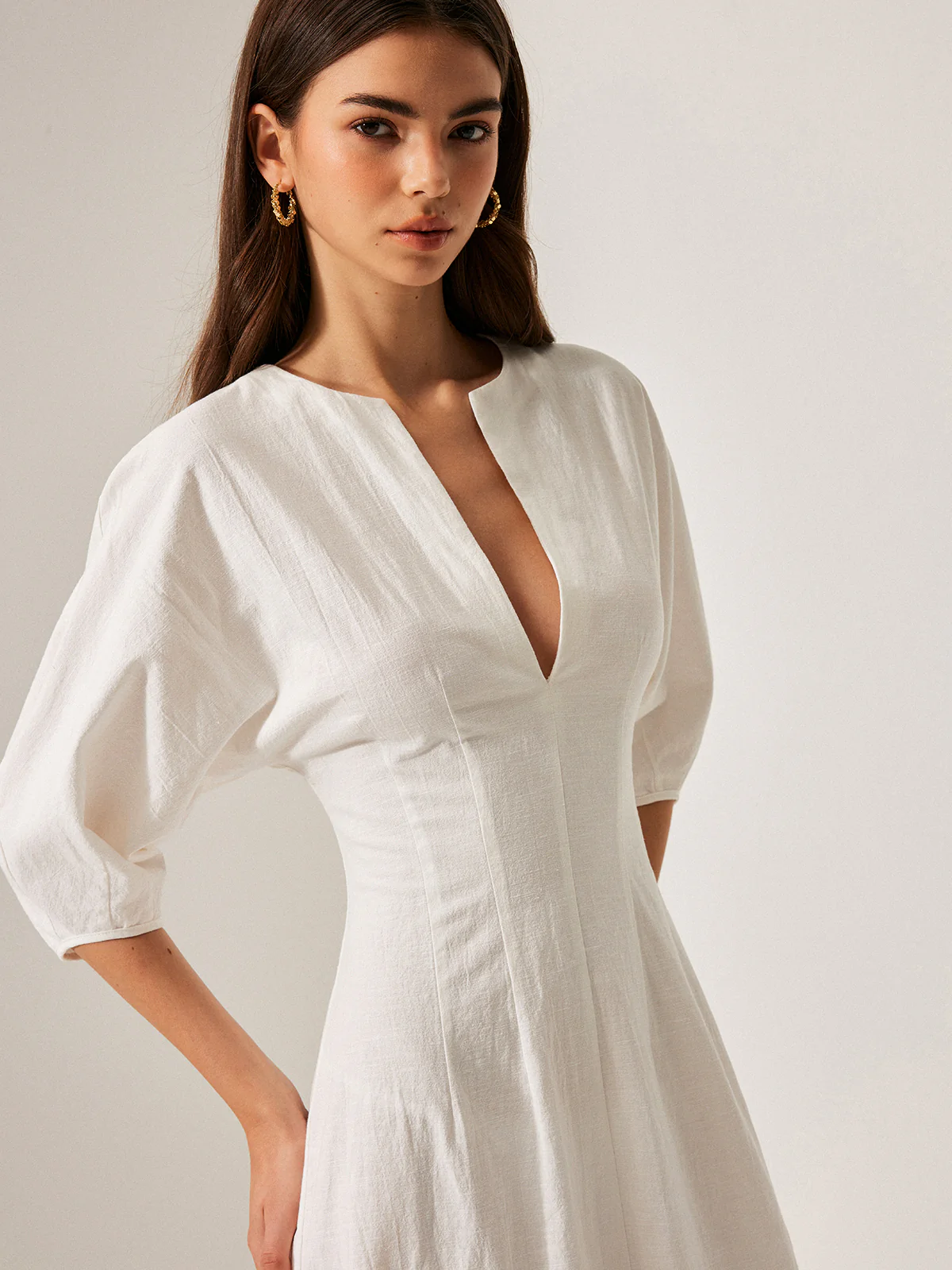 Cotton & Linen Puff Sleeve Dress Without Belt - Image 6