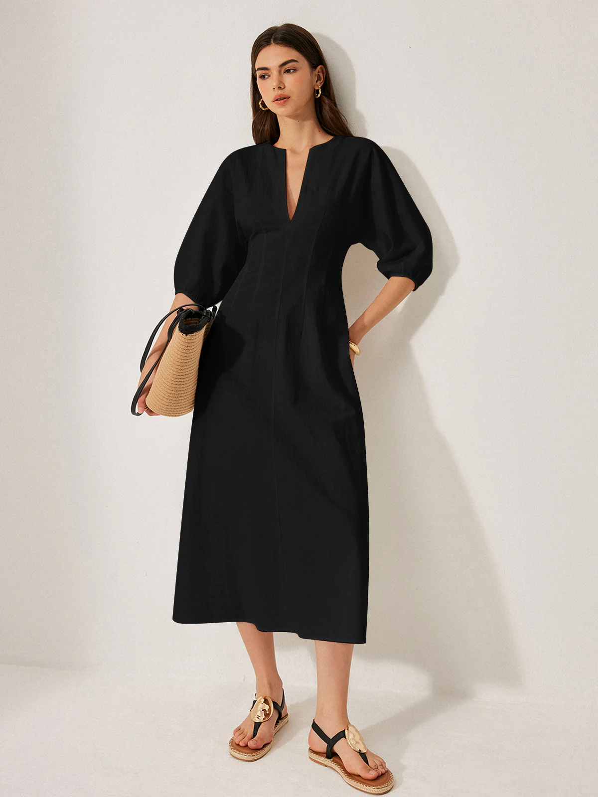 Cotton & Linen Puff Sleeve Dress Without Belt - Image 7