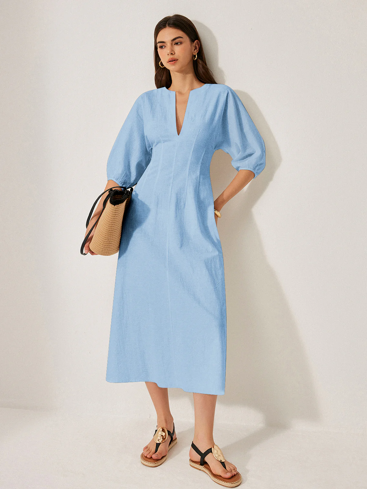 Cotton & Linen Puff Sleeve Dress Without Belt - Image 8