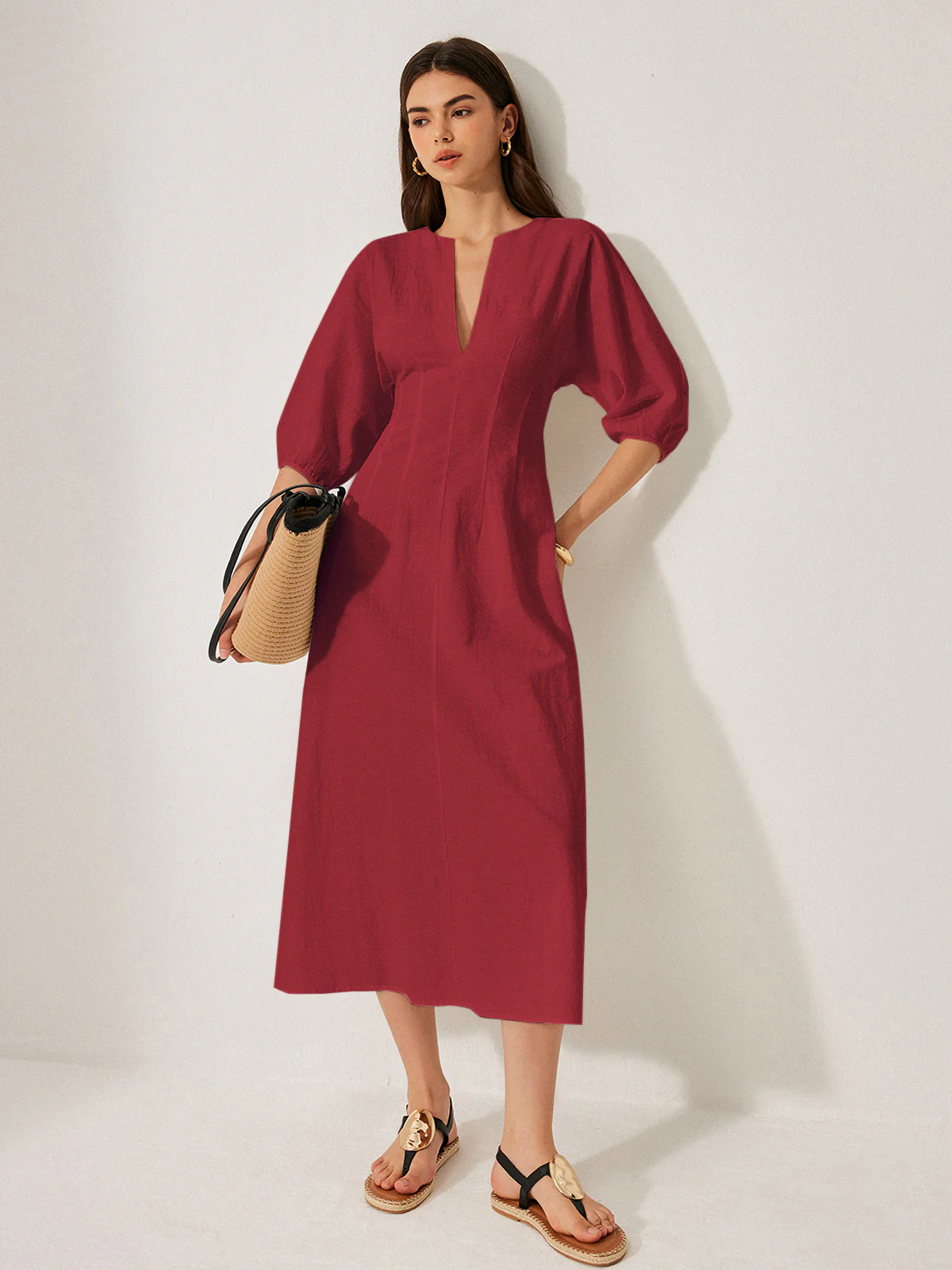 Cotton & Linen Puff Sleeve Dress Without Belt - Image 9
