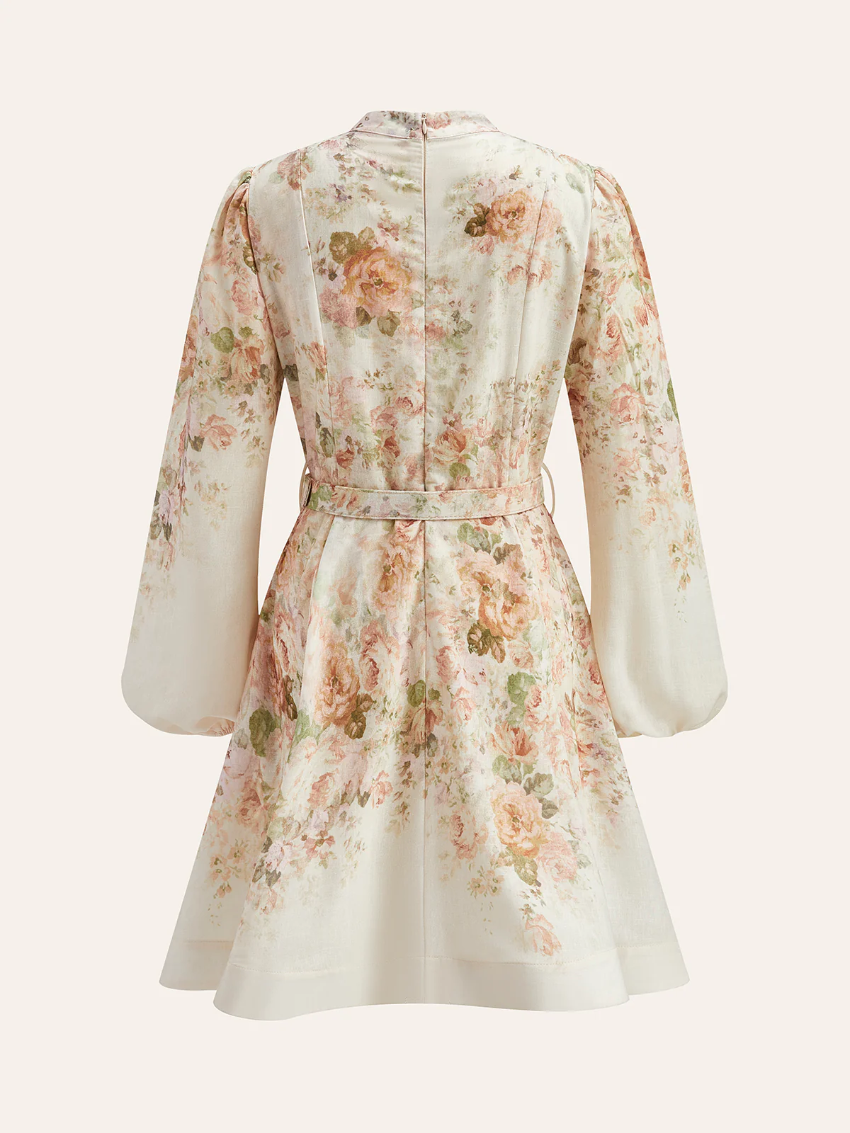Cotton & Linen Puff Sleeve Floral Belted Dress - Image 2