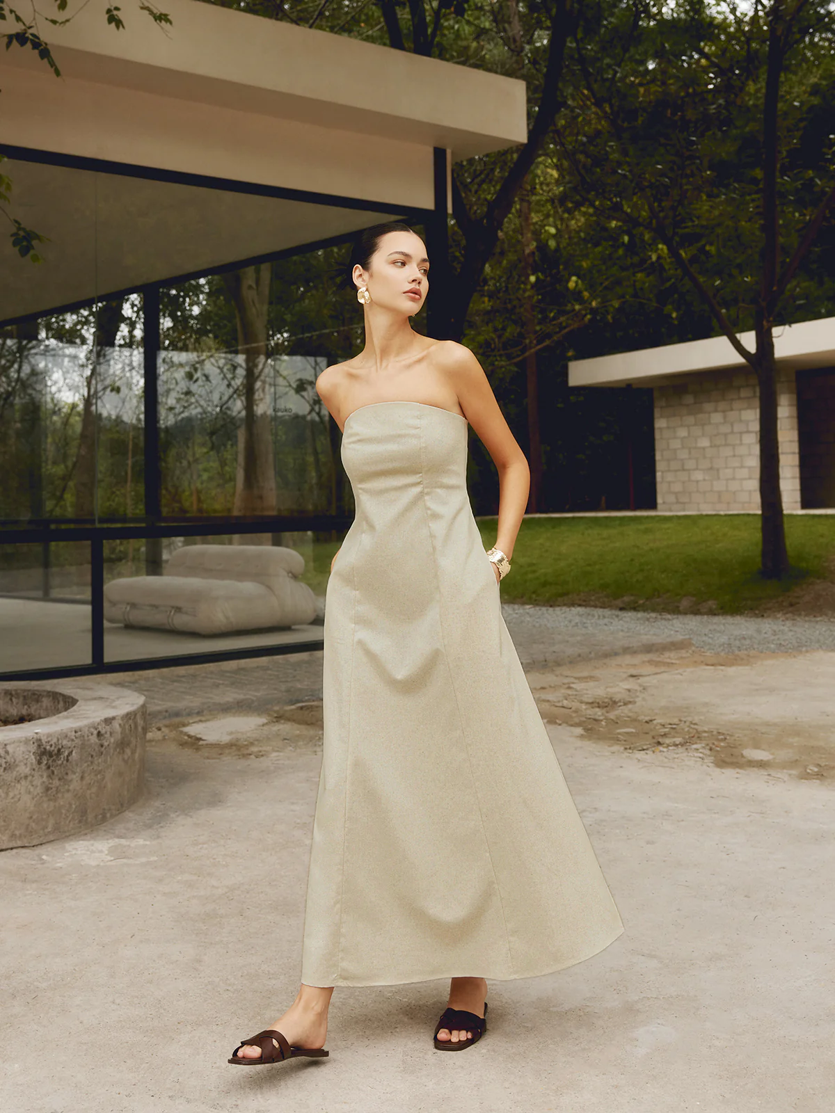 Cotton & Linen Shirred Pocket Long Dress - Image 3