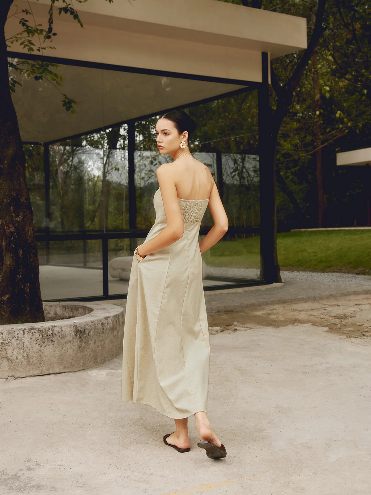 Cotton & Linen Shirred Pocket Long Dress - Image 4
