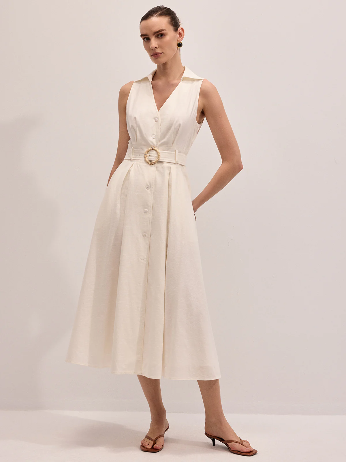 Cotton Linen Sleeveless Belted Midi Dress - Image 2